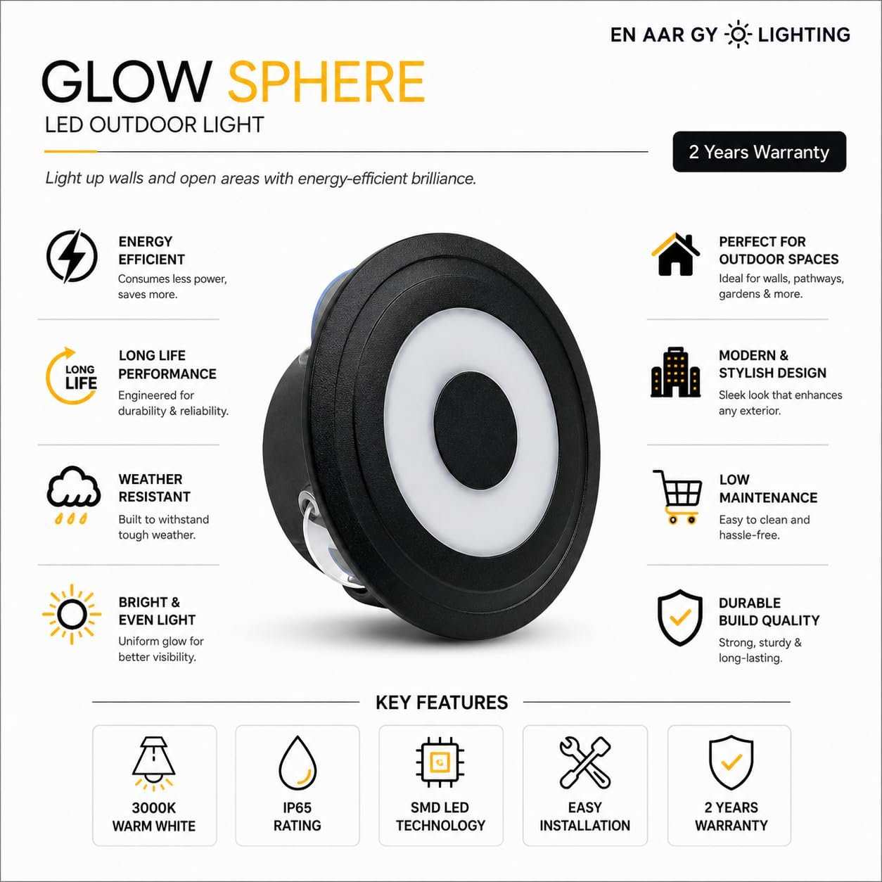 ENAARGY Glow Sphere LED Outdoor Light, Black, Wall Mount, Modern Style, for Home, Office and Commercial Use(8,Watts) - Image 3