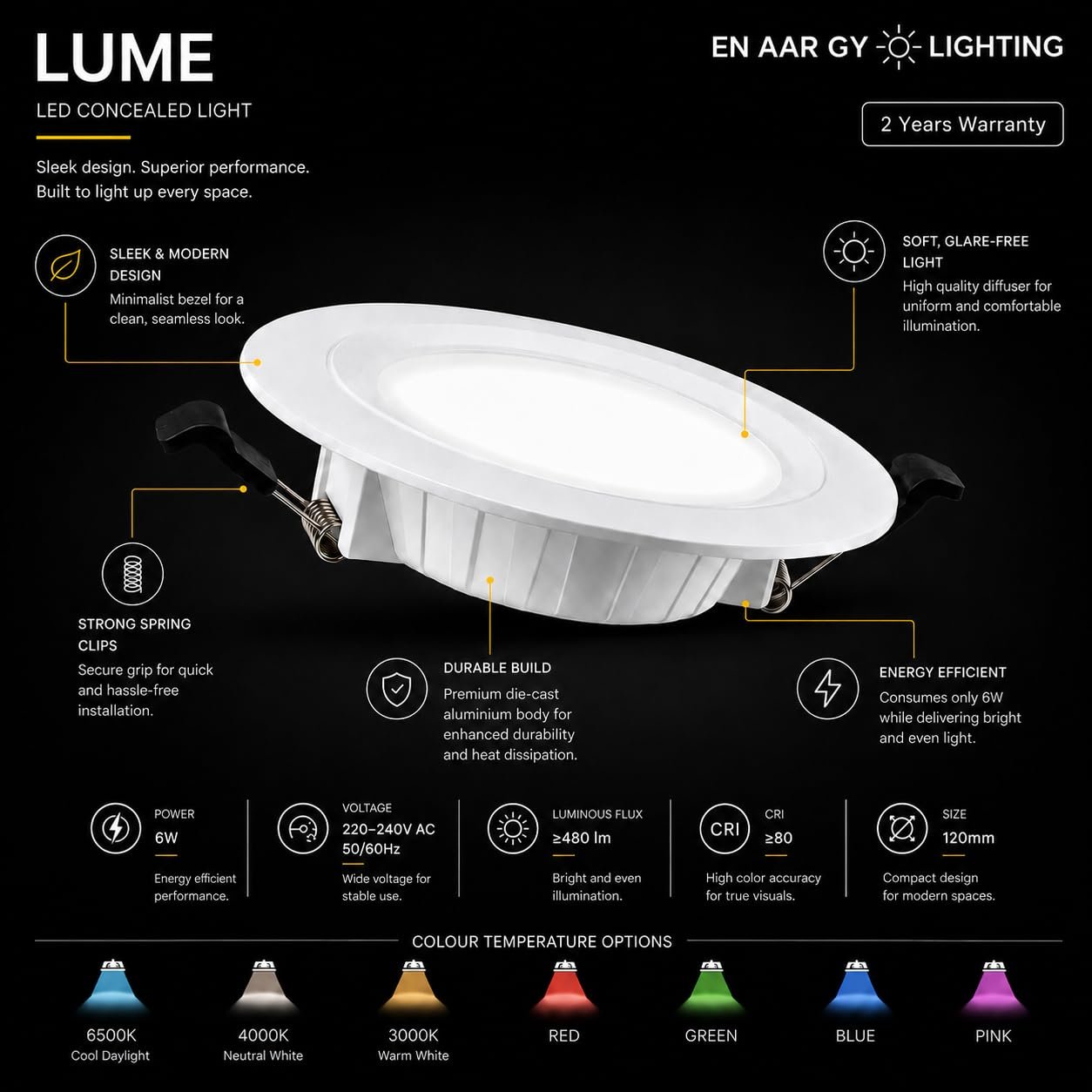 ENAARGY Lume LED Concealed Light, 6W, 120mm, 480lm, Multi-Colour Temperature, Recessed Downlight (Green, 6, Watts) - Image 2