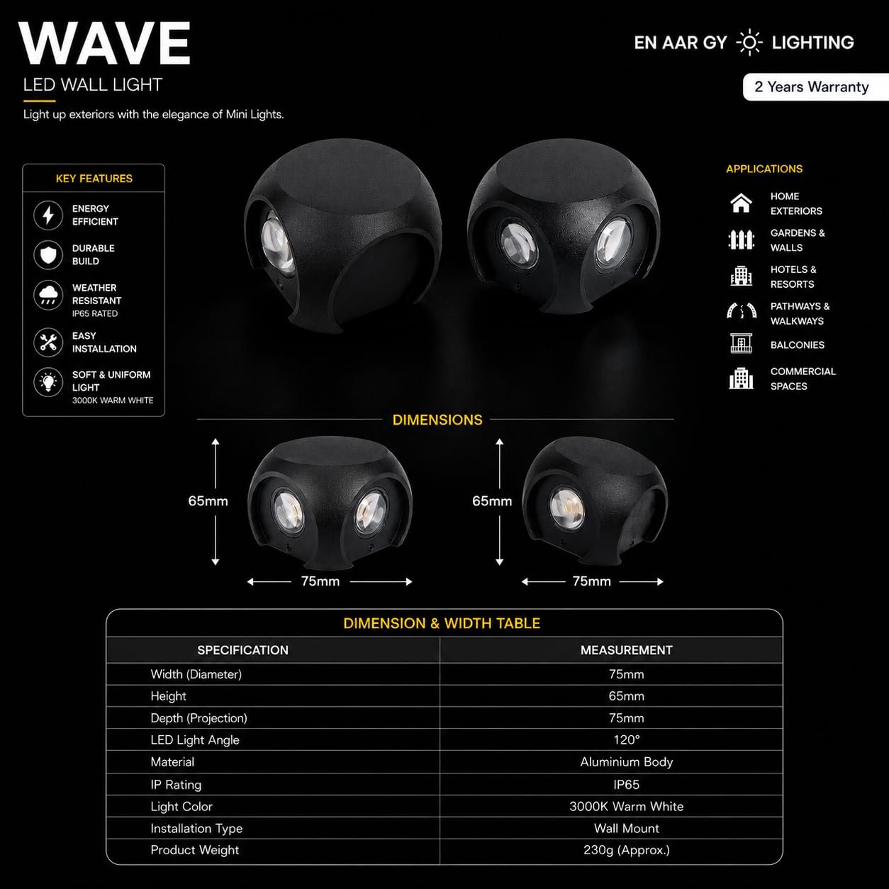 ENAARGY Wave LED Wall Light, Outdoor, IP65, 2-Way, Black (2WAY) - Image 4
