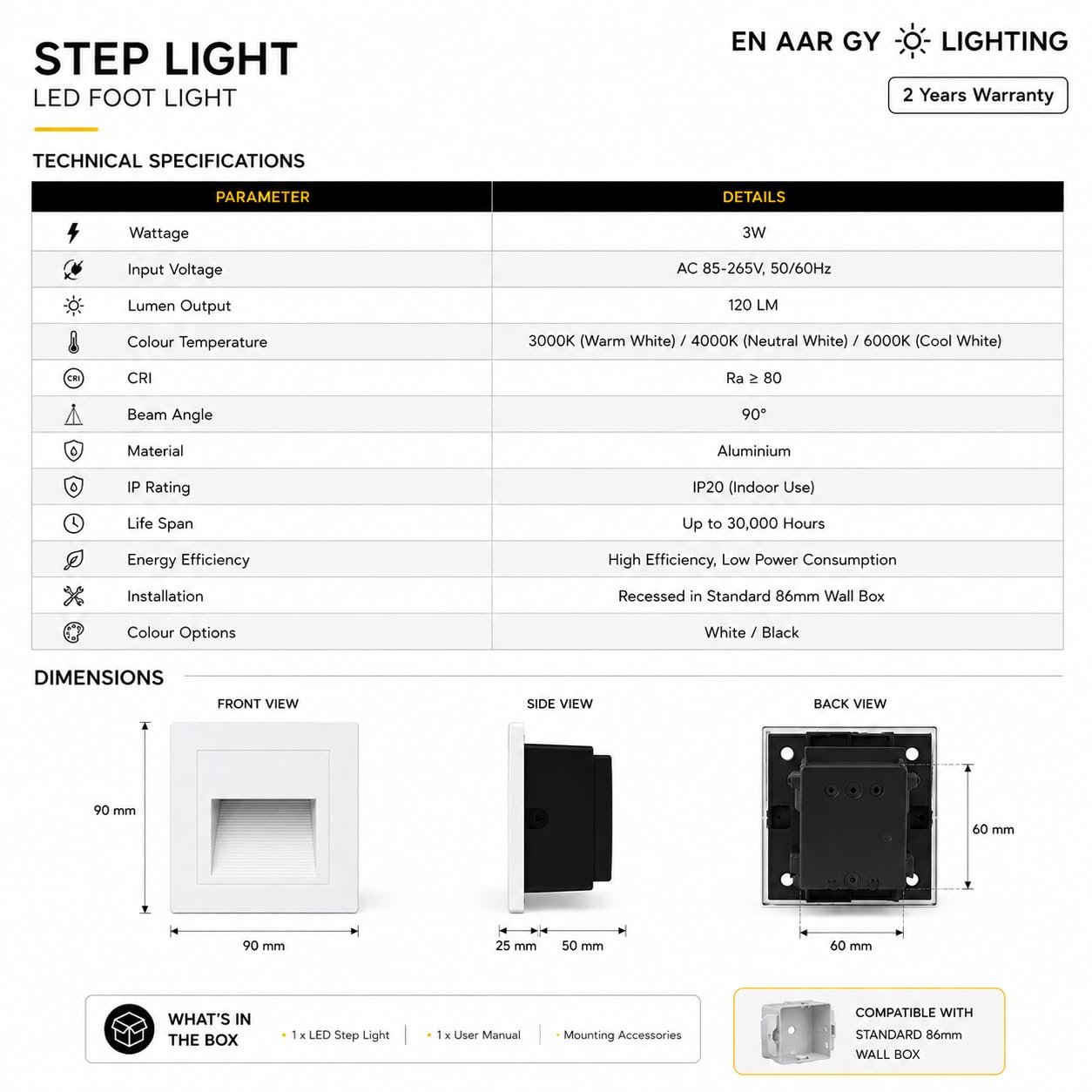 ENAARGY Step Light LED Foot Light, Aluminium, Wall Staircase Ambience Lighting, 2 Years Warranty (Black(3X3), Natural White, 3, Watts) - Image 5
