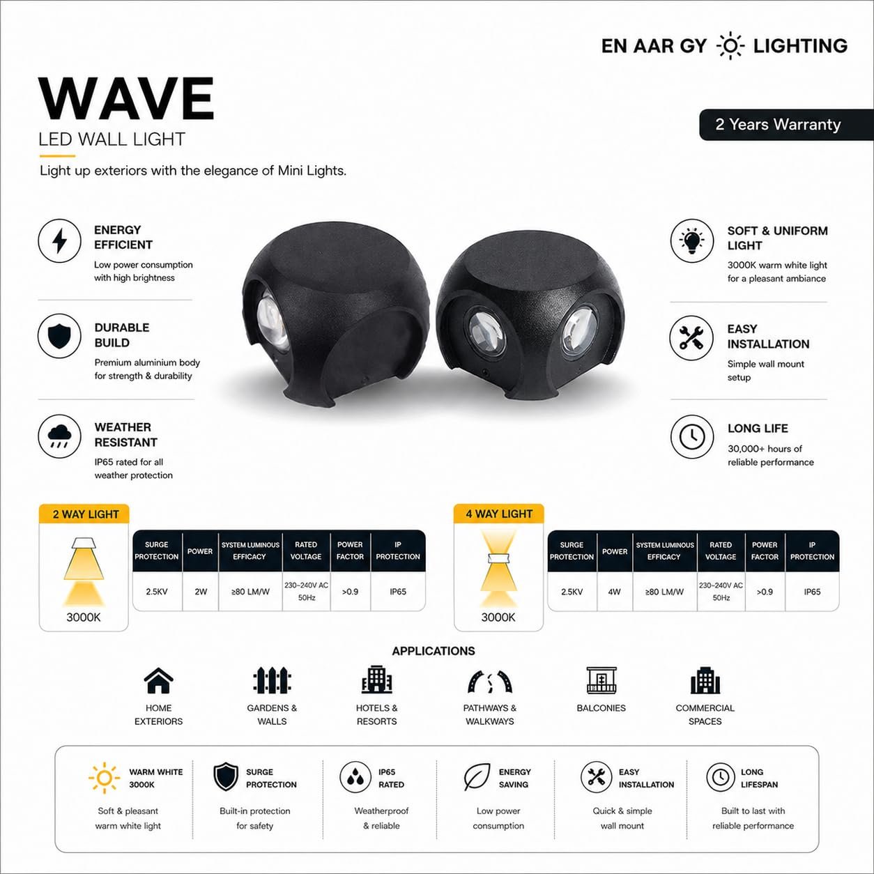 ENAARGY Wave LED Wall Light, Outdoor, IP65, 2-Way, Black (2WAY) - Image 3