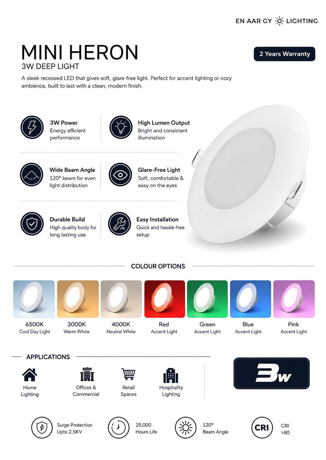 ENAARGY Mini Heron 3W Recessed LED Deep Light, Glare-Free, Multiple Colour Options (Blue) - Image 3