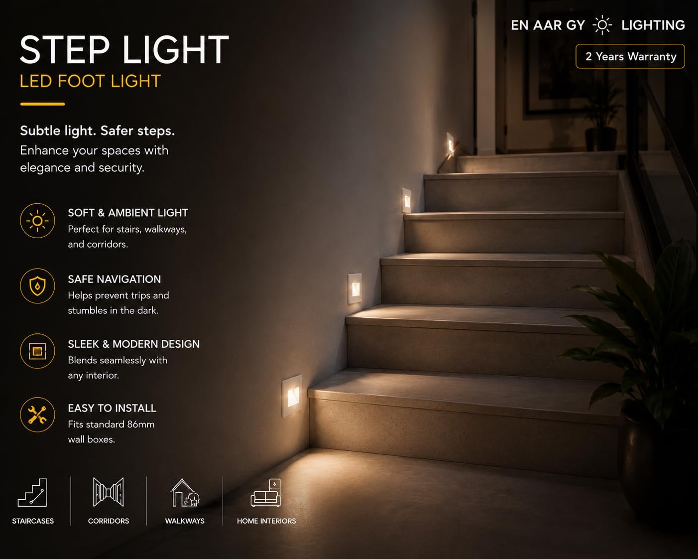 ENAARGY Step Light LED Foot Light, Aluminium, Wall Staircase Ambience Lighting, 2 Years Warranty (White(3X3), Natural White, 3, Watts) - Image 2