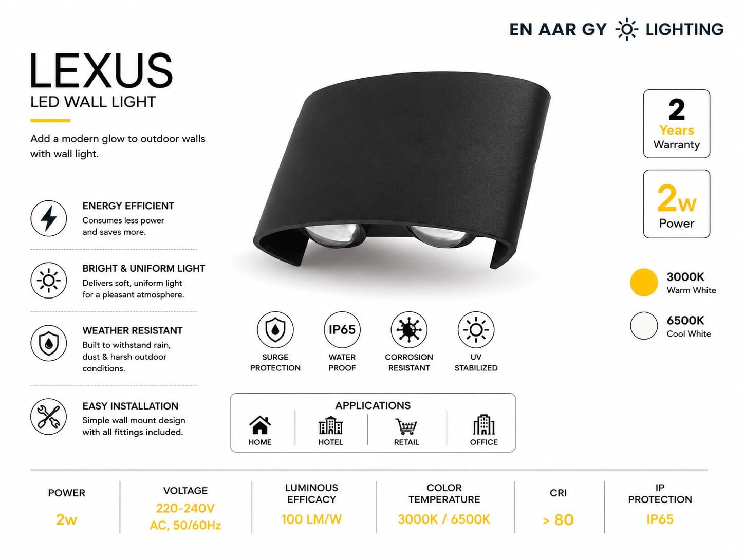 ENAARGY Lexus LED Wall Light, Outdoor, 3000K, IP65, Black, 2 Years Warranty ((4WAY) WW) - Image 2