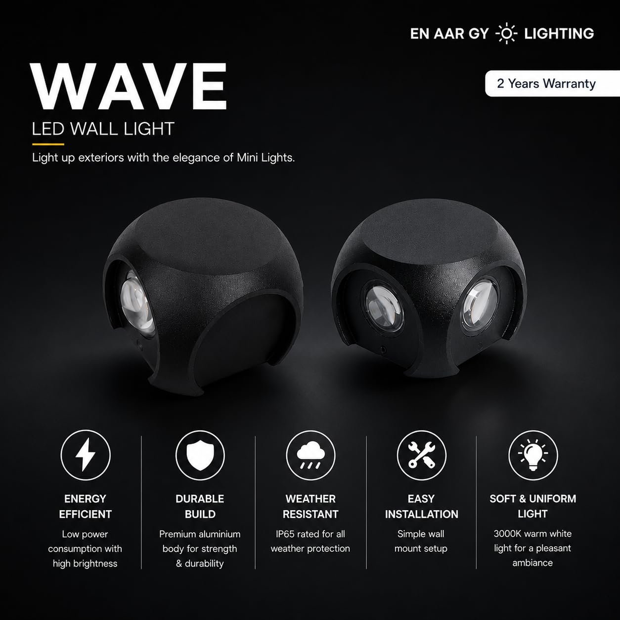 ENAARGY Wave LED Wall Light, Outdoor, IP65, 2-Way, Black (2WAY) - Image 2