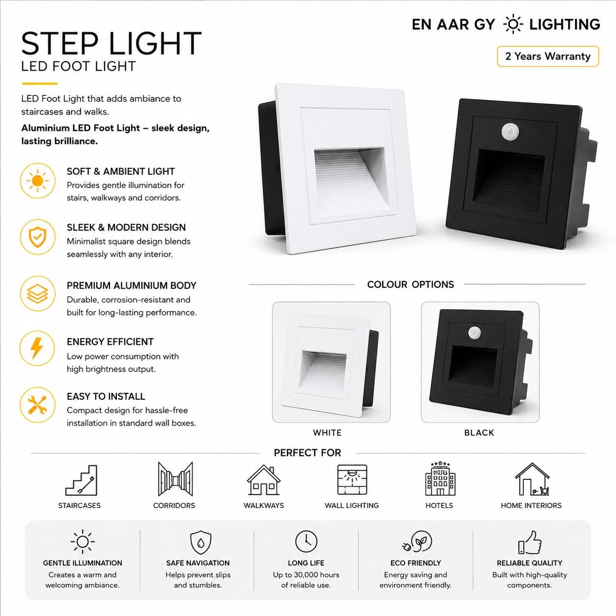 ENAARGY Step Light LED Foot Light, Aluminium, Wall Staircase Ambience Lighting, 2 Years Warranty (Black(3X3), Natural White, 3, Watts) - Image 3