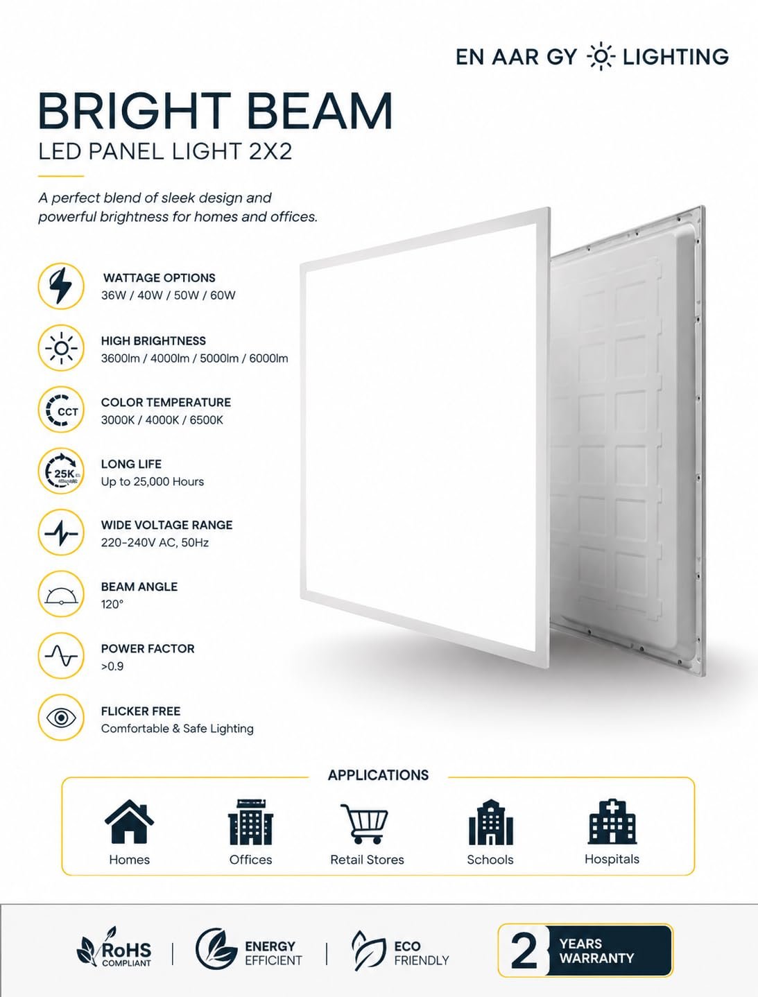 ENAARGY Bright Beam 2x2 LED Panel Light, 24W, 220-240V, (Cool White, 36, Watts, 2X2) - Image 3