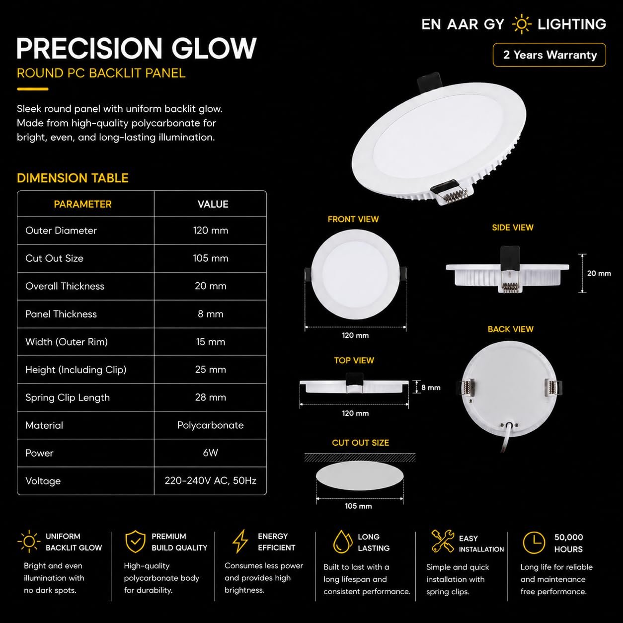 ENAARGY Precision Glow Round and Square PC Backlit LED Panel Light, 6W-18W, 3000K/4000K/6500K, Recessed, 120° Beam Angle (Square, Warm White, 12, Watts) - Image 3