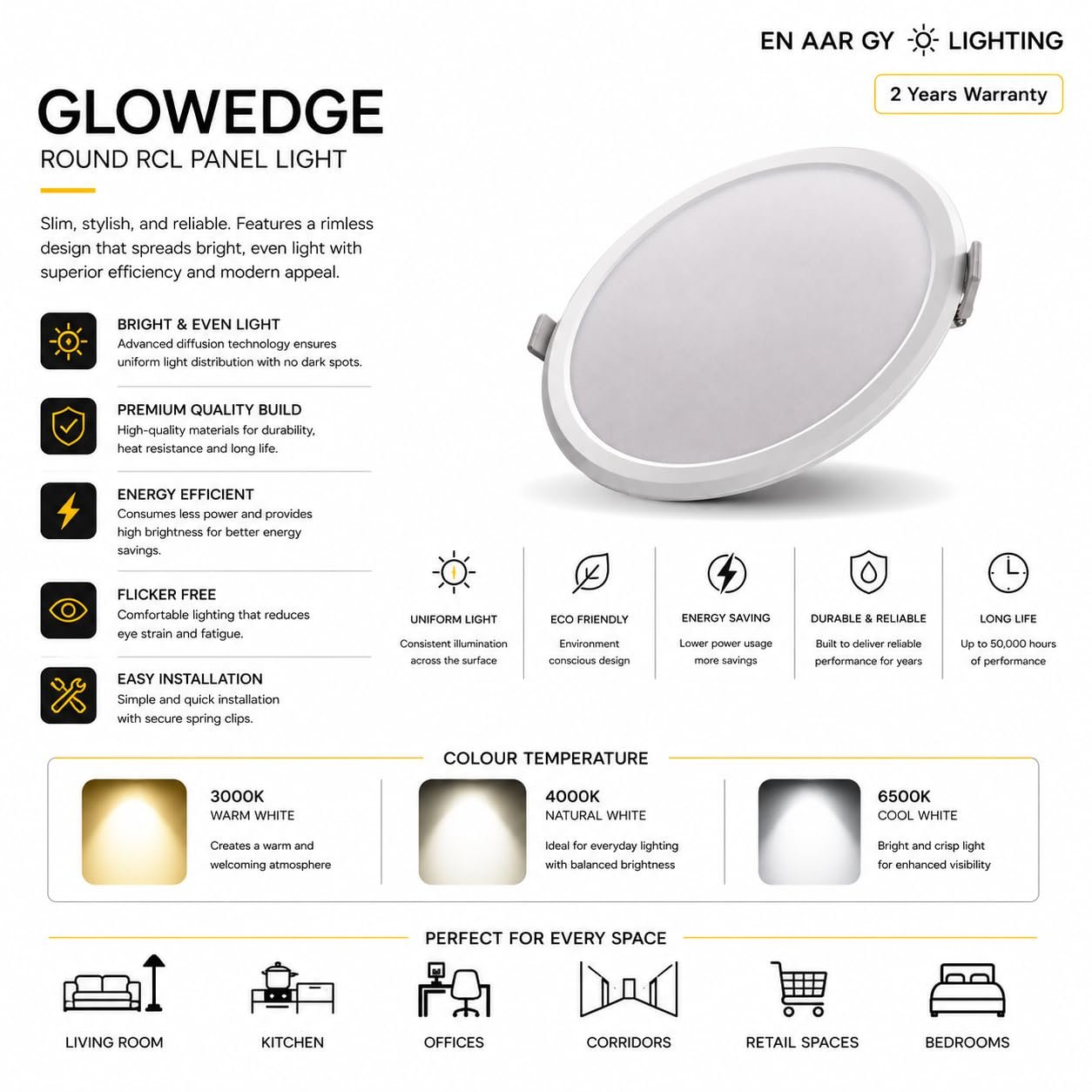 ENAARGY Glowedge LED Panel Light, Round and Square, Slim Design, Modern Appeal (Round, Cool White, 12, Watts) - Image 2