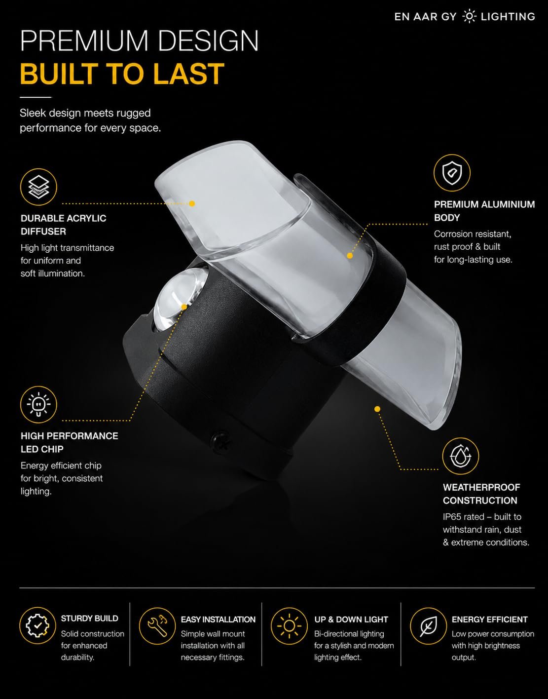 ENAARGY GLORA LED Outdoor Wall Light, 12W, 3000K Warm White, Matte Black,IP65 Water Resistant - Image 2