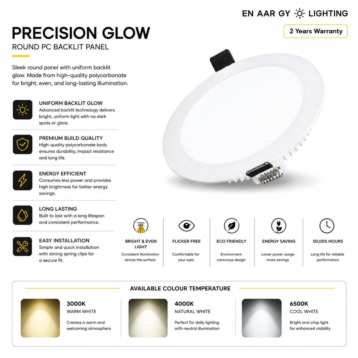 ENAARGY Precision Glow Round and Square PC Backlit LED Panel Light, 6W-18W, 3000K/4000K/6500K, Recessed, 120° Beam Angle (Square, Warm White, 12, Watts) - Image 5