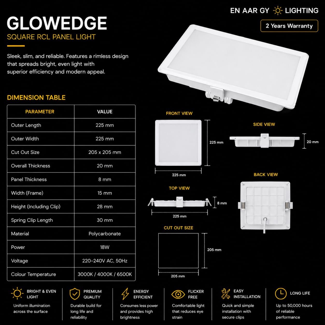 ENAARGY Glowedge LED Panel Light, Round and Square, Slim Design, Modern Appeal (Square, Cool White, 15, Watts) - Image 5