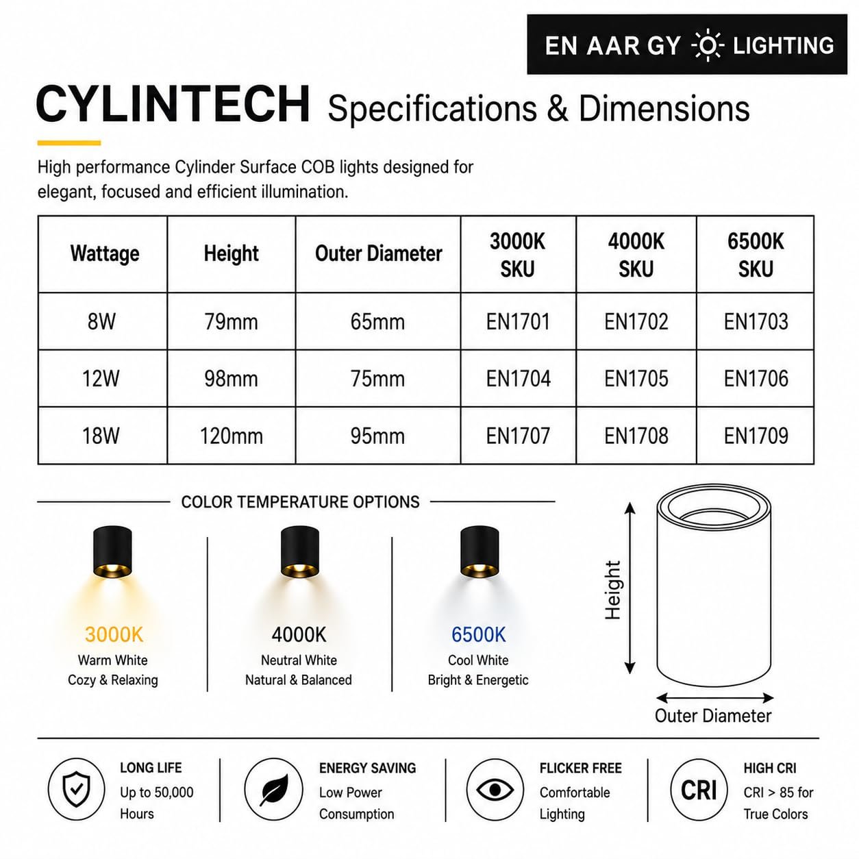 ENAARGY CYLINTECH Cylinder Surface COB LED Spotlight, Black, 3000K / 4000K / 5500K, Aluminium, Surface Mount, Modern Style (White, Warm White, 12, Watts) - Image 5