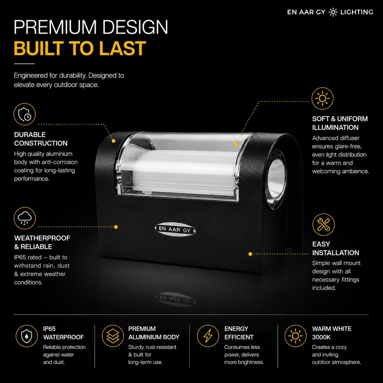 ENAARGY Reflex LED Outdoor Light, 6W, 3000K, IP65, Energy-Efficient Wall Light - Image 2