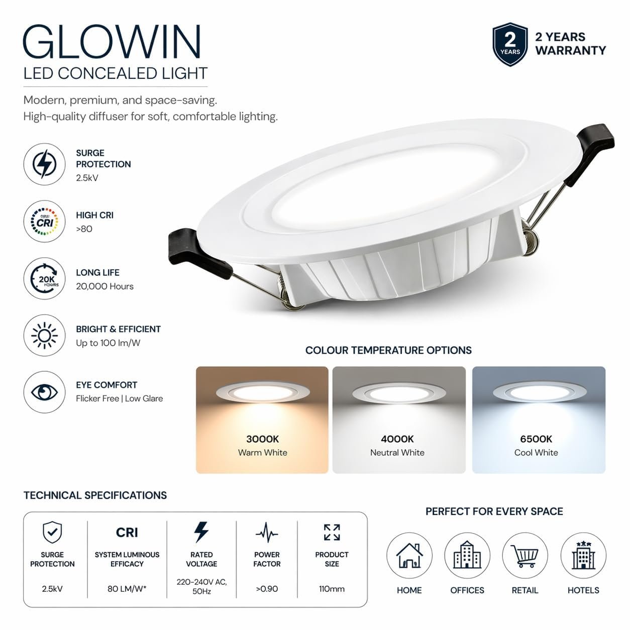 ENAARGY GLOWIN LED Concealed Downlight, 110mm, 9W-12W, 3000K-6500K, 2 Years Warranty, Innova Neo Swivel Spotlight (Warm White, 9, Watts) - Image 4