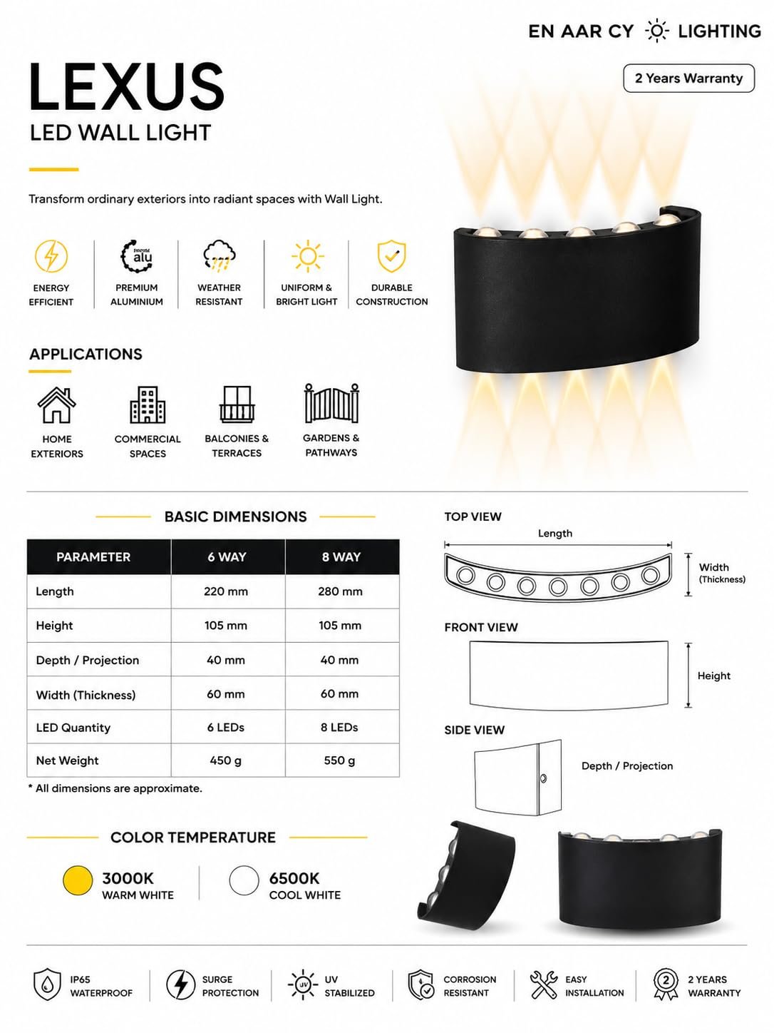 ENAARGY Lexus LED Wall Light, Outdoor, 3000K, IP65, Black, 2 Years Warranty (6WAY) WW - Image 4