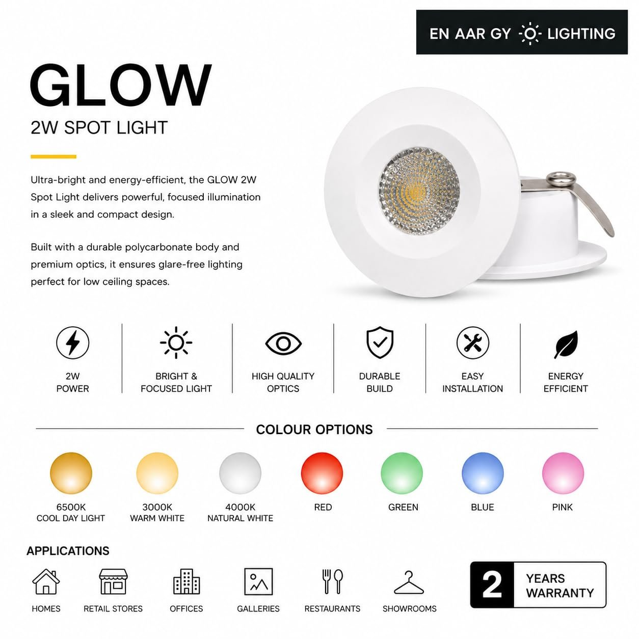 ENAARGY Glow 2W LED Spot Light, Recess-Mounted, Glare-Free, Polycarbonate Body, for Homes, Offices and Retail Stores (Pink, 2, Watts) - Image 3