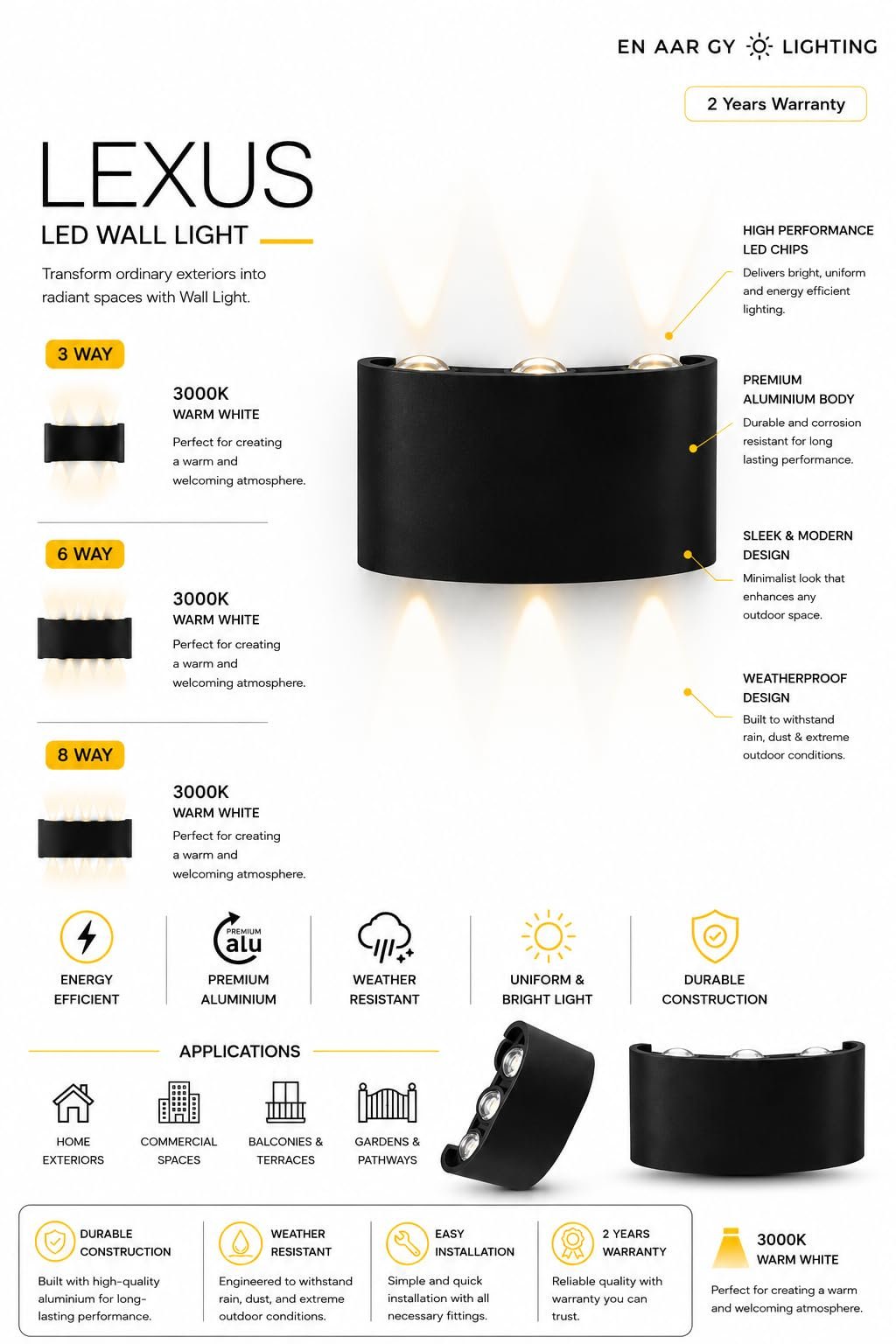 ENAARGY Lexus LED Wall Light, Outdoor, 3000K, IP65, Black, 2 Years Warranty (6WAY) WW - Image 2