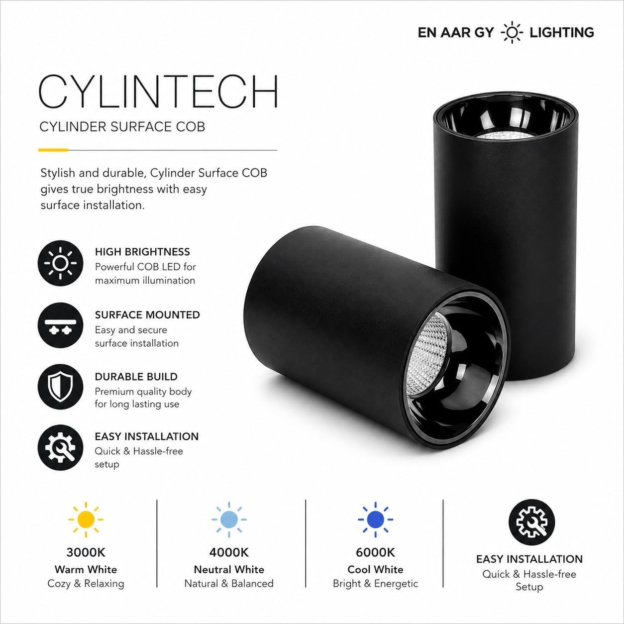 ENAARGY CYLINTECH Cylinder Surface COB LED Spotlight, Black, 3000K / 4000K / 5500K, Aluminium, Surface Mount, Modern Style (Black-BR, Cool White, 12, Watts) - Image 3