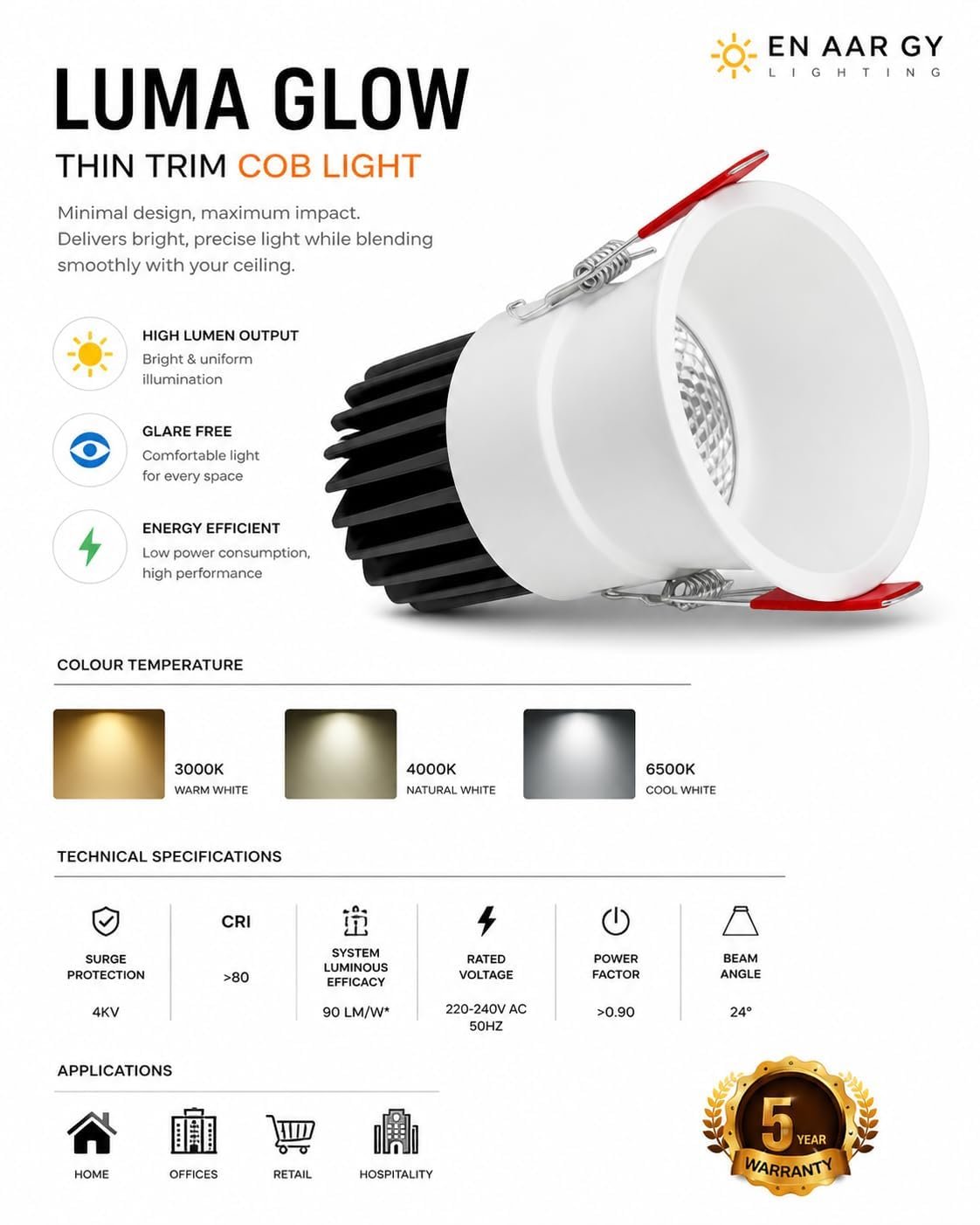 ENAARGY Luma Glow Thin Trim COB Light, Recessed Ceiling Downlight (WB, Cool White, 12, Watts) - Image 4
