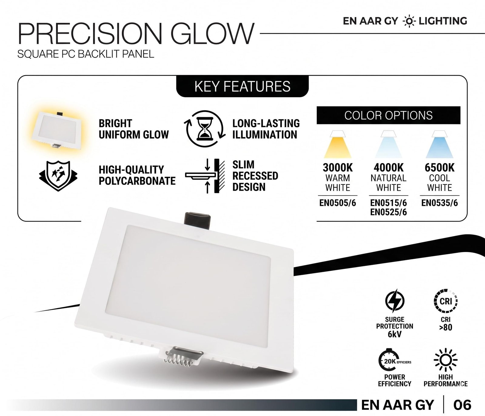 ENAARGY Precision Glow Round and Square PC Backlit LED Panel Light, 6W-18W, 3000K/4000K/6500K, Recessed, 120° Beam Angle (Square, Natural White, 6, Watts) - Image 2