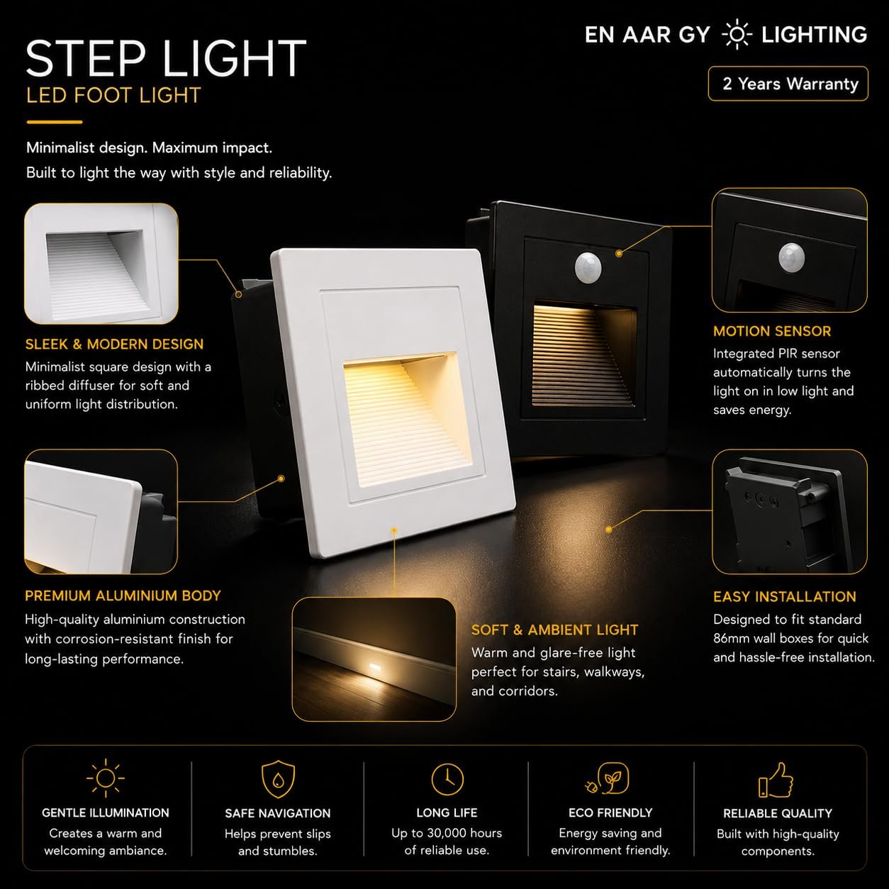 ENAARGY Step Light LED Foot Light, Aluminium, Wall Staircase Ambience Lighting, 2 Years Warranty (Black(3X3), Natural White, 3, Watts) - Image 4