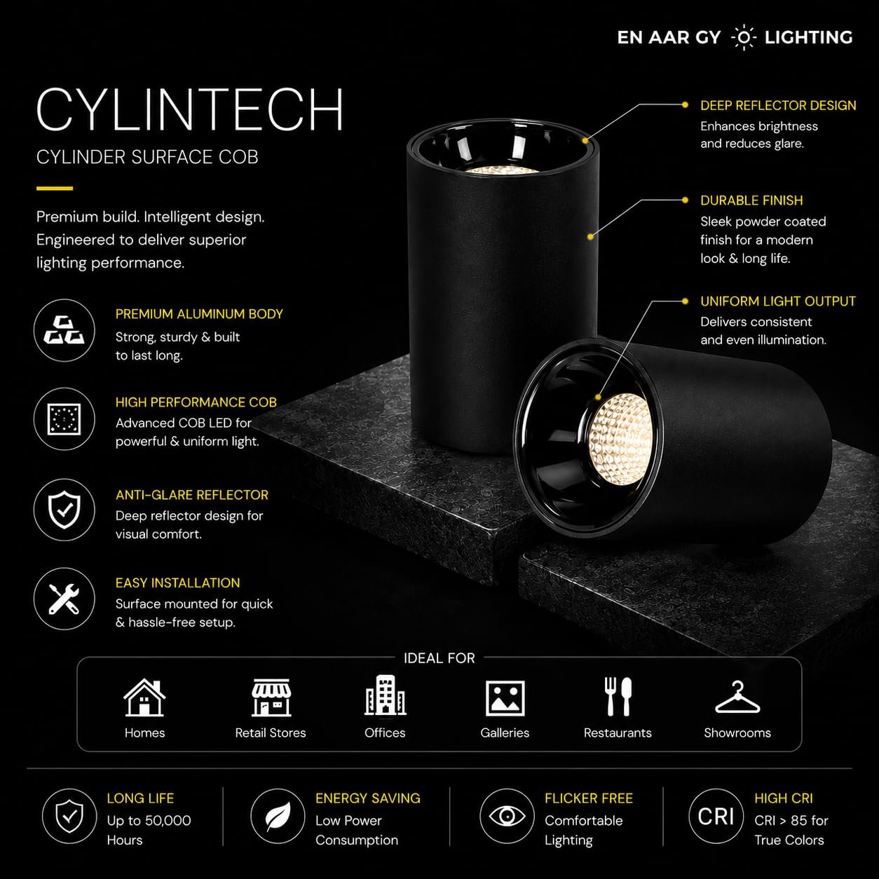 ENAARGY CYLINTECH Cylinder Surface COB LED Spotlight, Black, 3000K / 4000K / 5500K, Aluminium, Surface Mount, Modern Style (Black-BR, Cool White, 12, Watts) - Image 2