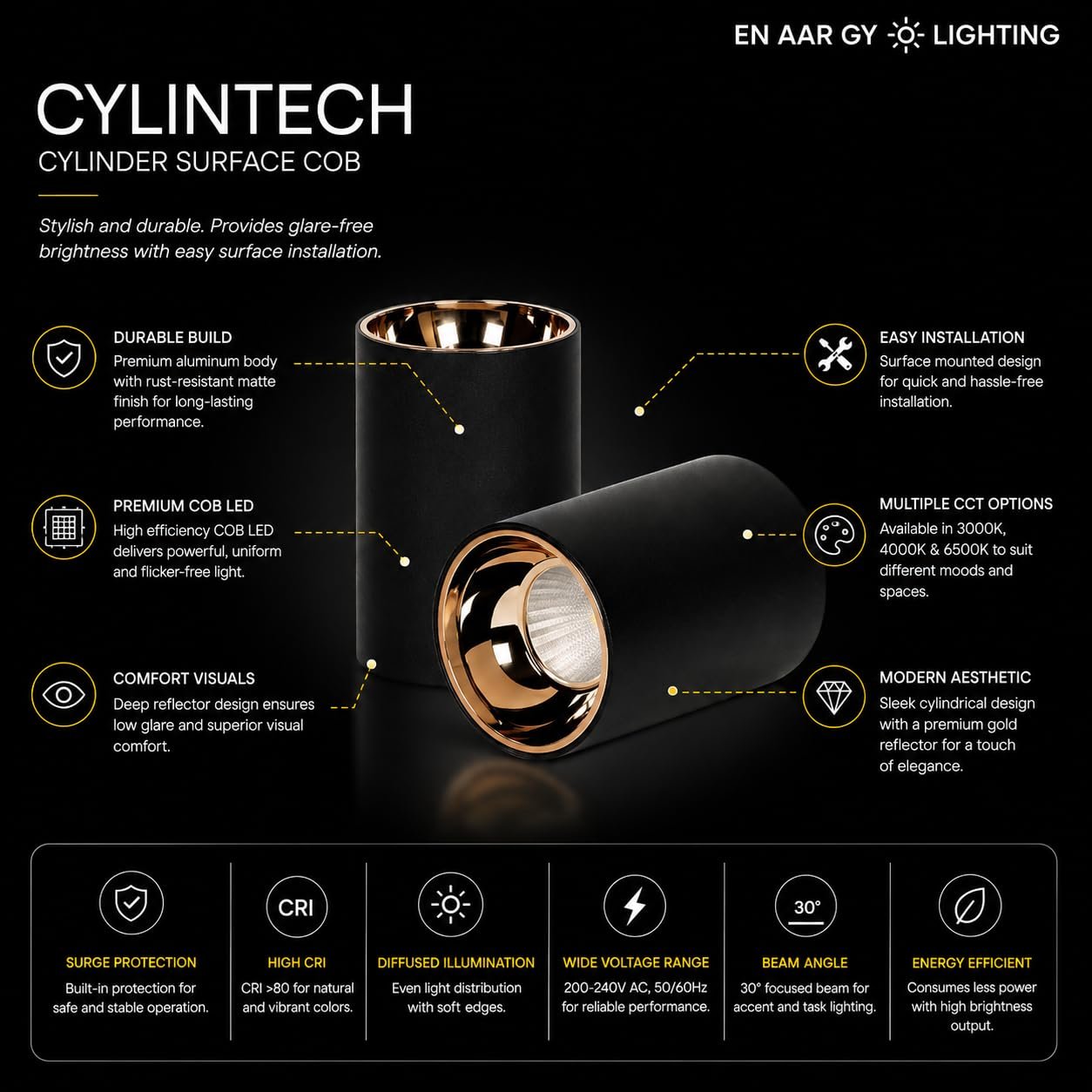 ENAARGY CYLINTECH Cylinder Surface COB LED Spotlight, Black, 3000K / 4000K / 5500K, Aluminium, Surface Mount, Modern Style (Black-RGR, NAUTAL White, 12, Watts) - Image 2