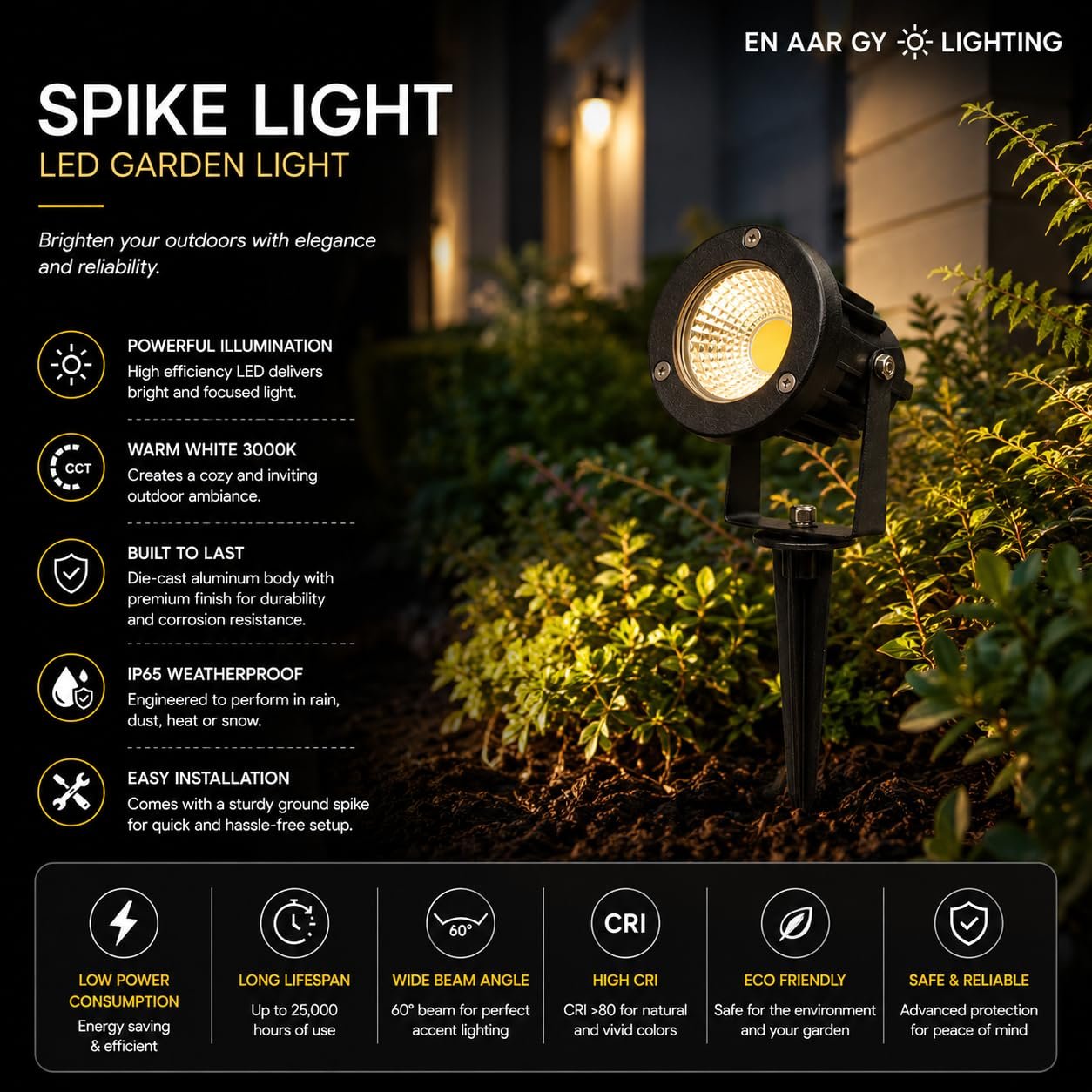 ENAARGY LED Garden Spike Light, 5W, Warm White, 2 Years Warranty (Garden Light) - Image 2