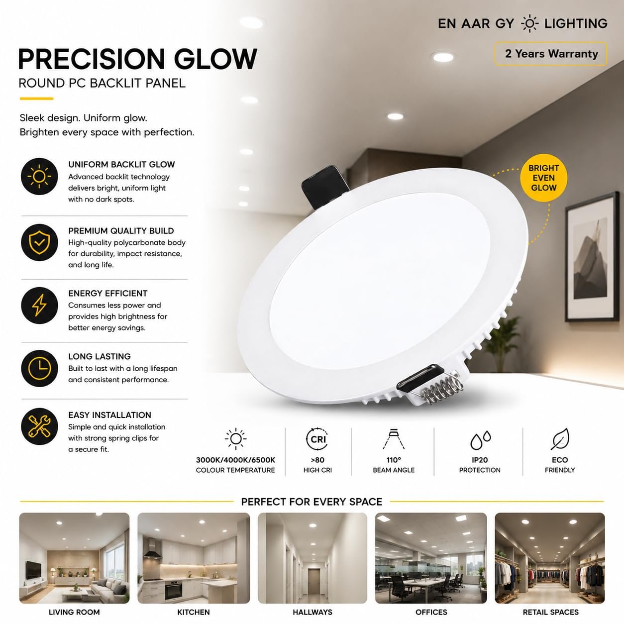 ENAARGY Precision Glow Round and Square PC Backlit LED Panel Light, 6W-18W, 3000K/4000K/6500K, Recessed, 120° Beam Angle (Square, Warm White, 12, Watts) - Image 4