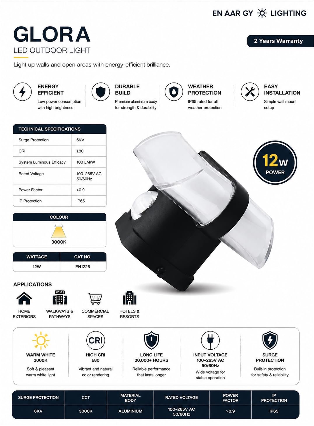 ENAARGY GLORA LED Outdoor Wall Light, 12W, 3000K Warm White, Matte Black,IP65 Water Resistant - Image 3