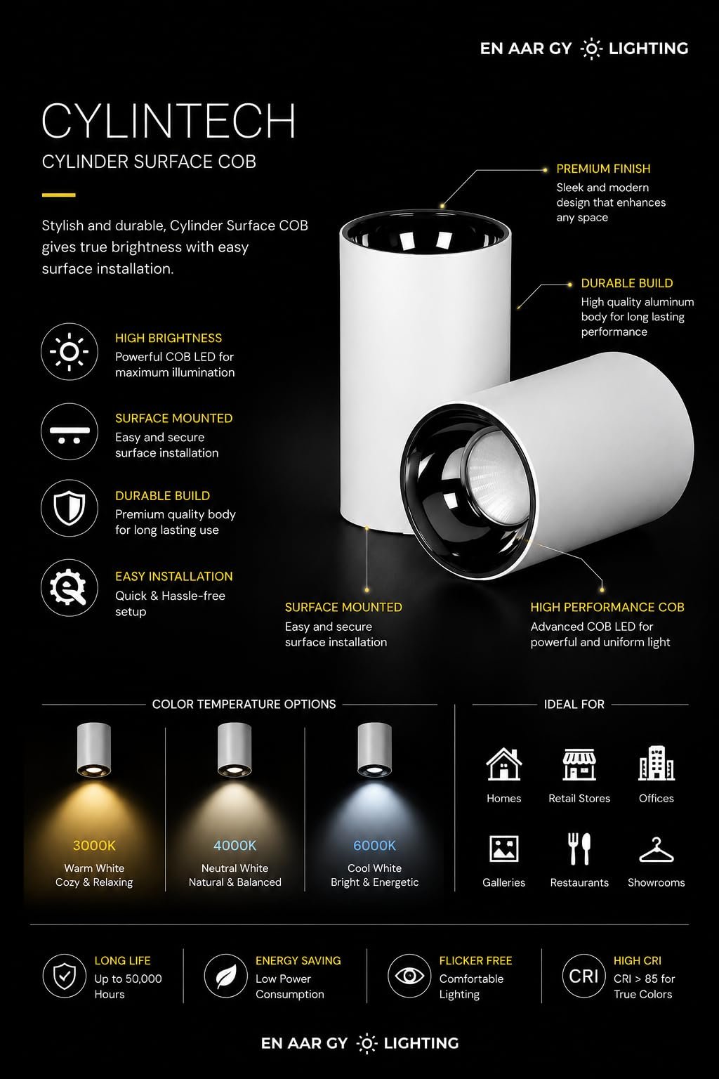 ENAARGY CYLINTECH Cylinder Surface COB LED Spotlight, Black, 3000K / 4000K / 5500K, Aluminium, Surface Mount, Modern Style (White, Warm White, 12, Watts) - Image 2