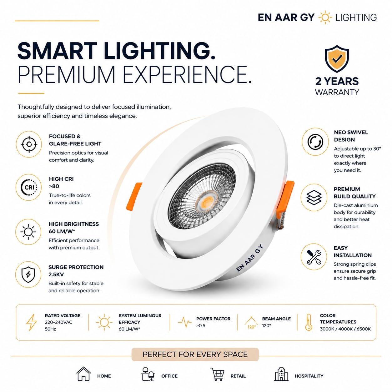 ENAARGY Nexa Shine COB LED Recessed Spotlight, Neo Swivel Design, High CRI, 3000K/4000K/6500K, (Natural White, 12, Watts) - Image 4
