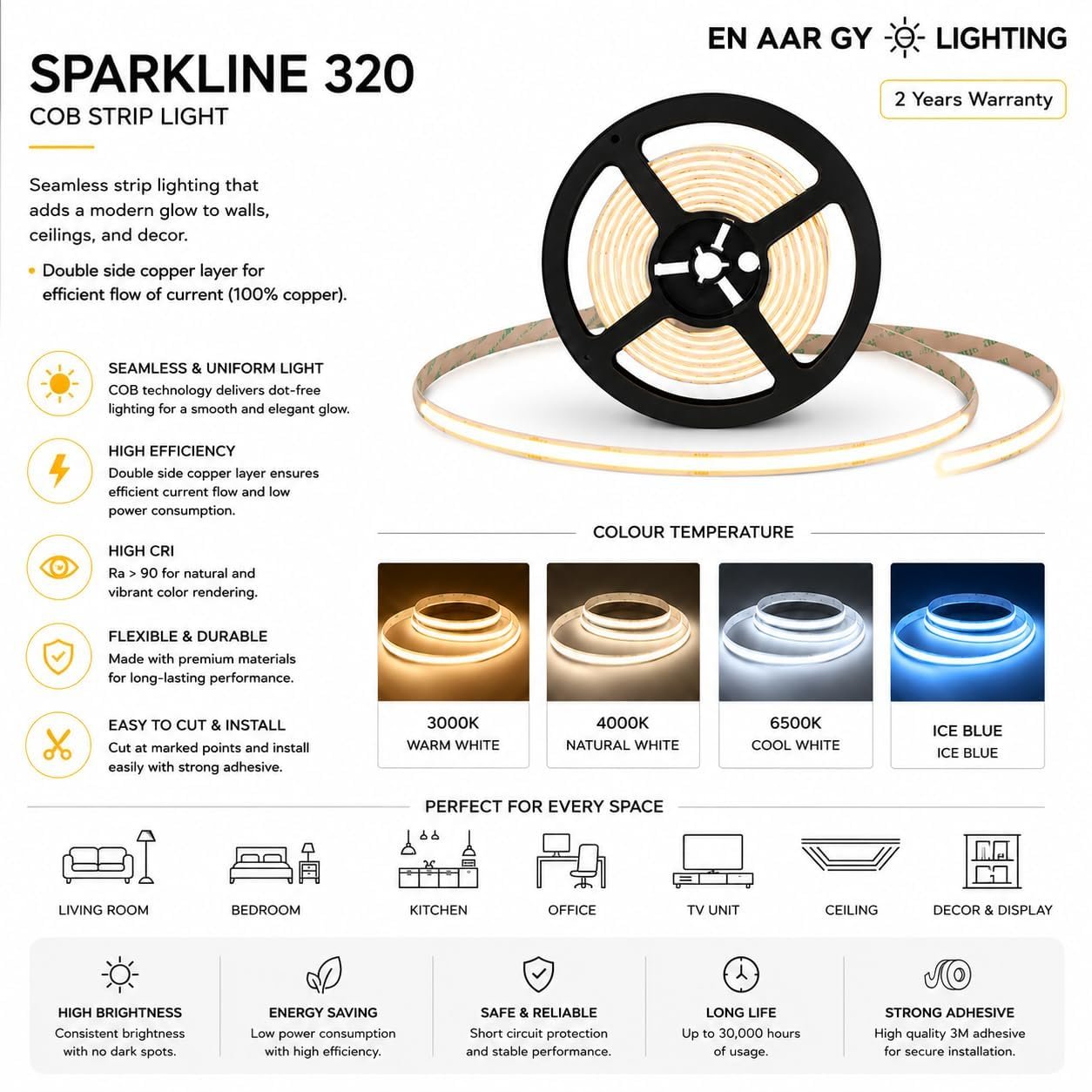 ENAARGY Sparkline 320 COB Strip Light, 24V DC, 320 LEDs/M, 5 Meter, Indoor, Dot-Free Seamless Lighting, IP20 (Green) - Image 5