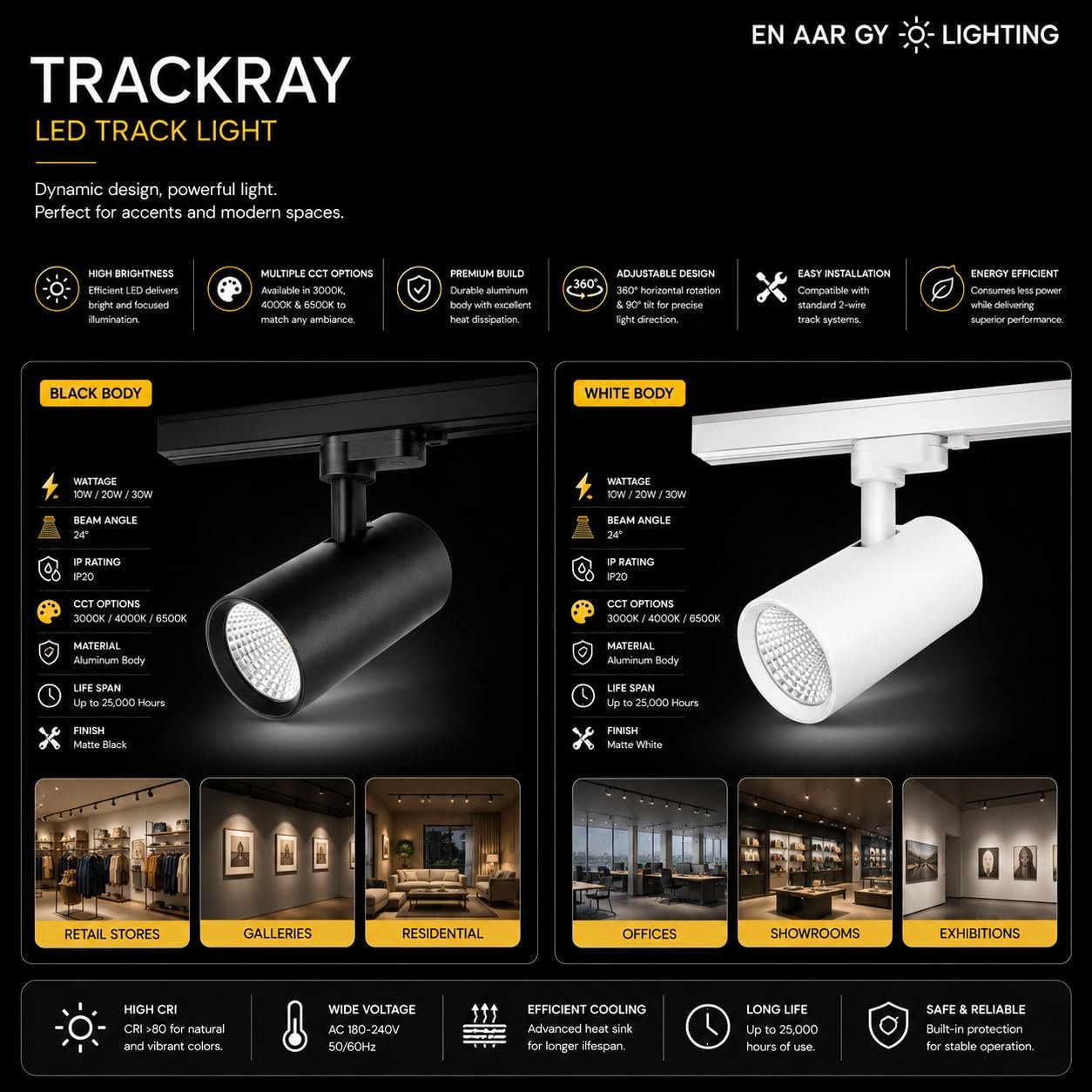 ENAARGY TRACKRAY LED Track Light, Aluminium Housing, 360° Horizontal & 90° Vertical Rotation, 2 Years Warranty (Black, WB-Cool Blue, 20.0, Watts) - Image 2