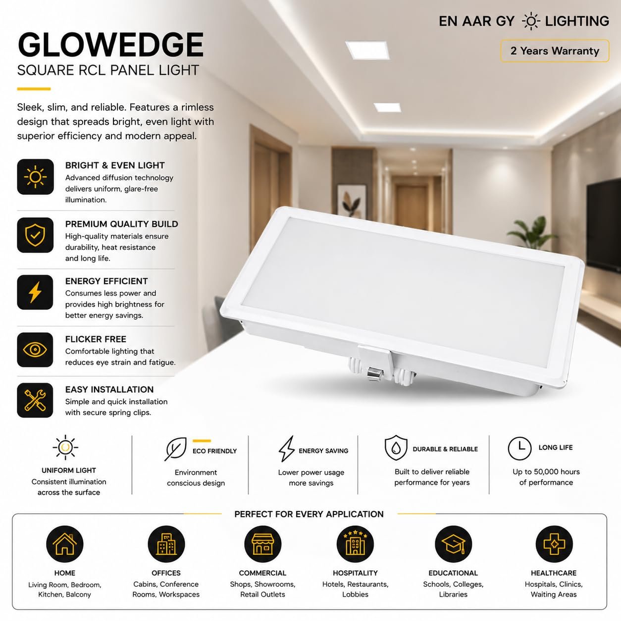 ENAARGY Glowedge LED Panel Light, Round and Square, Slim Design, Modern Appeal (Square, Cool White, 15, Watts) - Image 3