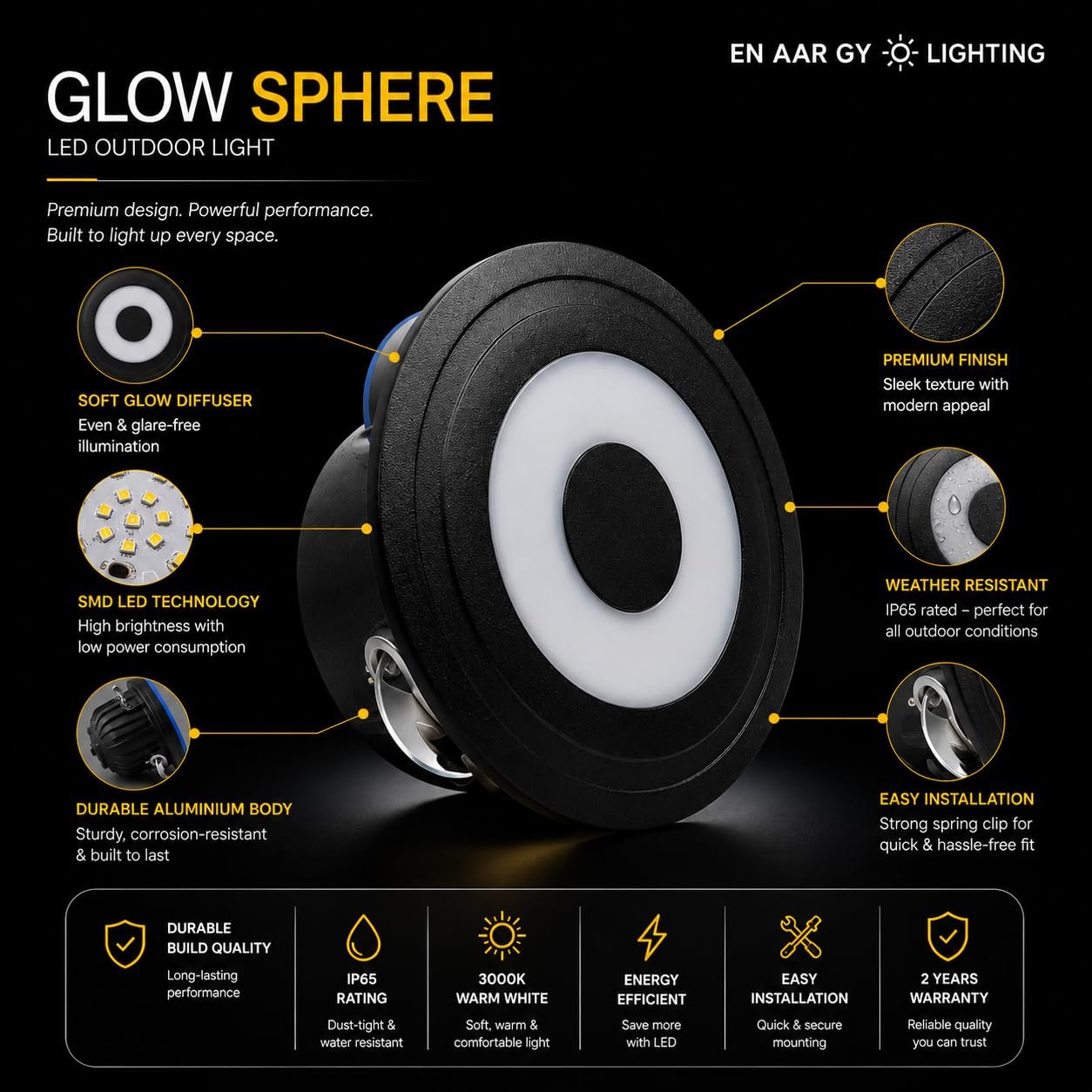 ENAARGY Glow Sphere LED Outdoor Light, Black, Wall Mount, Modern Style, for Home, Office and Commercial Use(8,Watts) - Image 2