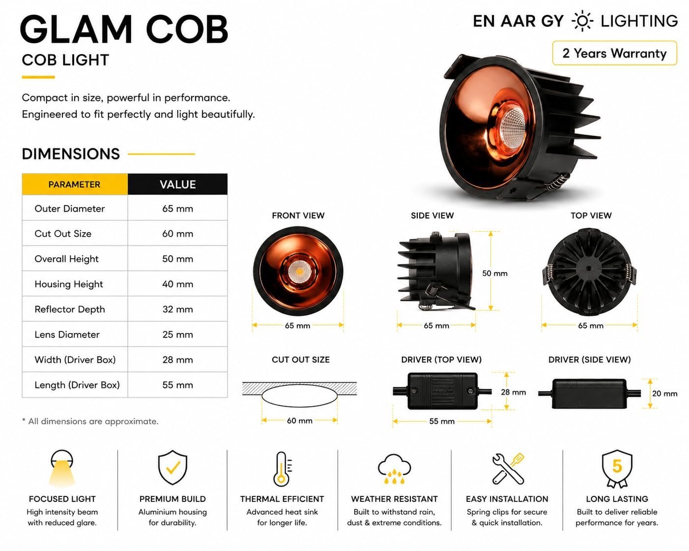 ENAARGY Glam COB Light,Accent and Task Lighting, Glare-Free Effect (Black-Black Reflector, Cool White, 12, Watts) - Image 5