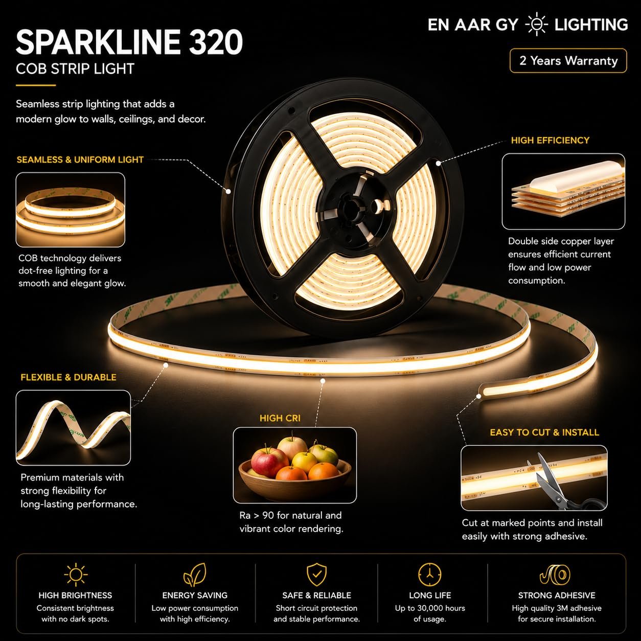 ENAARGY Sparkline 320 COB Strip Light, 24V DC, 320 LEDs/M, 5 Meter, Indoor, Dot-Free Seamless Lighting, IP20 (Cool White) - Image 3