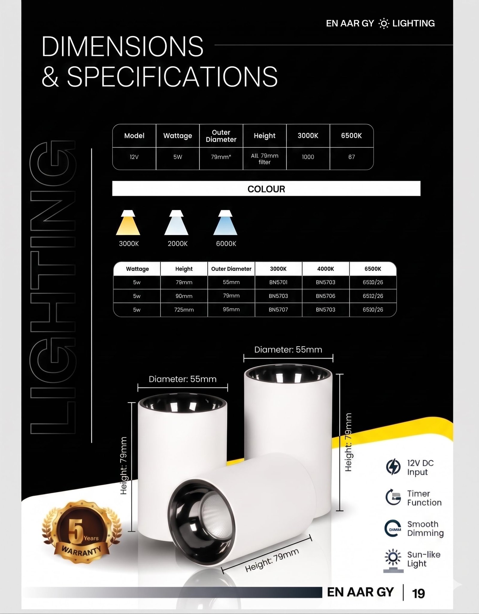 ENAARGY CYLINTECH Cylinder Surface COB LED Spotlight, Black, 3000K / 4000K / 5500K, Aluminium, Surface Mount, Modern Style (White, Warm White, 12, Watts) - Image 3