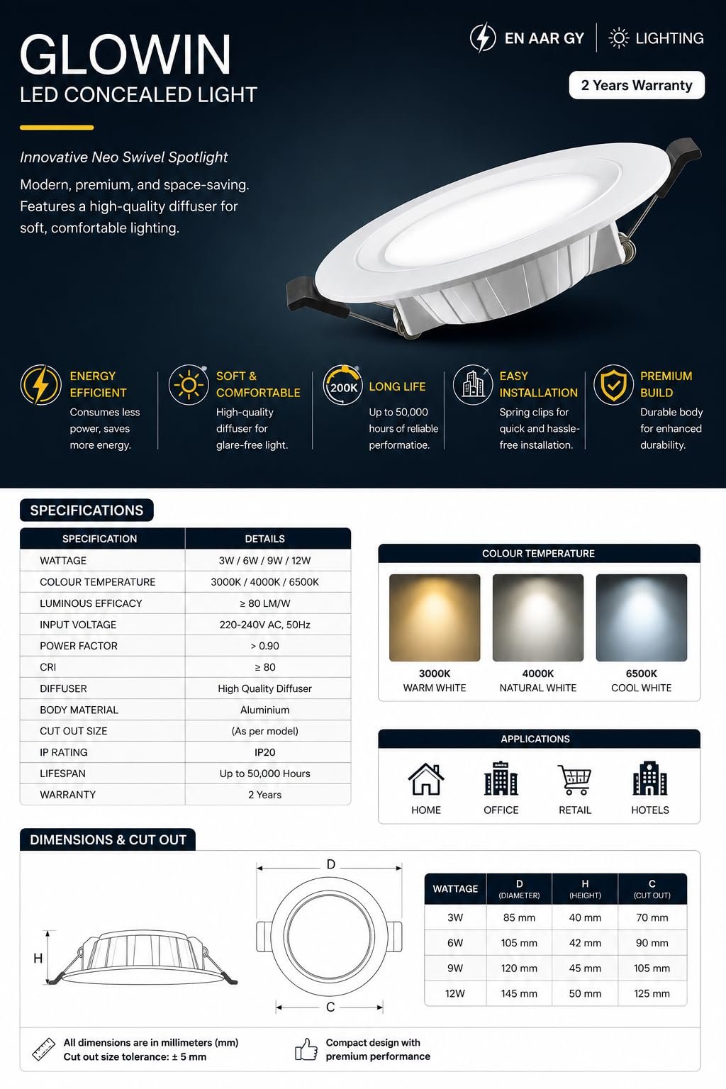 ENAARGY GLOWIN LED Concealed Downlight, 110mm, 9W-12W, 3000K-6500K, 2 Years Warranty, Innova Neo Swivel Spotlight (Warm White, 9, Watts) - Image 3