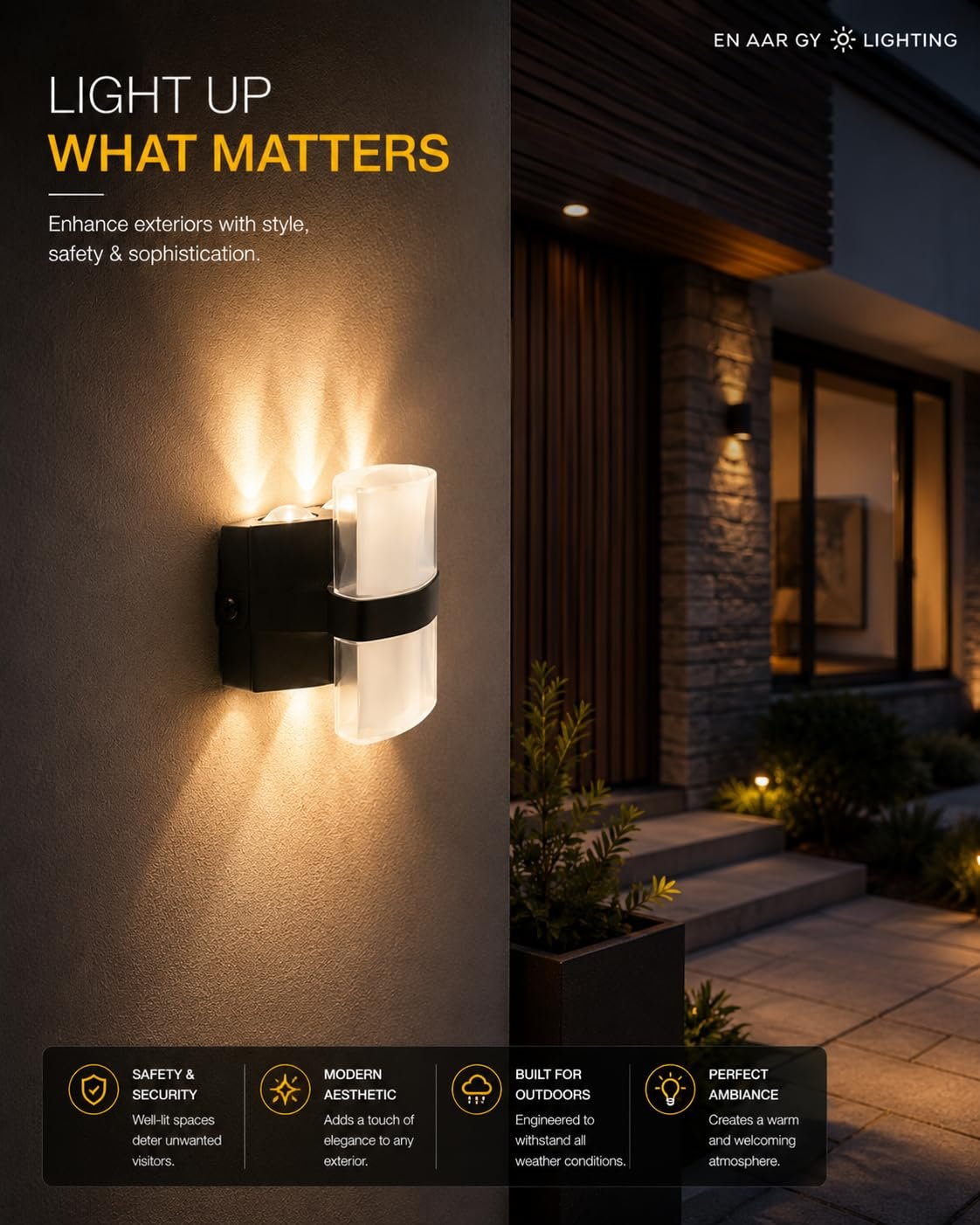 ENAARGY GLORA LED Outdoor Wall Light, 12W, 3000K Warm White, Matte Black,IP65 Water Resistant - Image 4