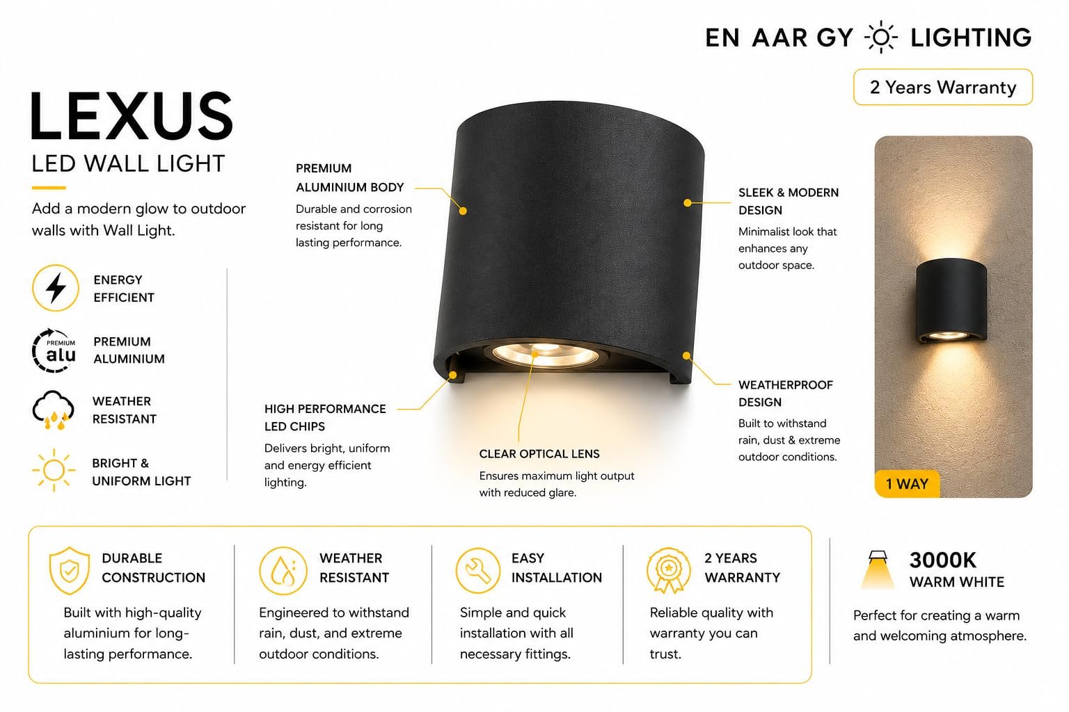 ENAARGY Lexus LED Wall Light, Outdoor, 3000K, IP65, Black, 2 Years Warranty ((2WAY) WW) - Image 2