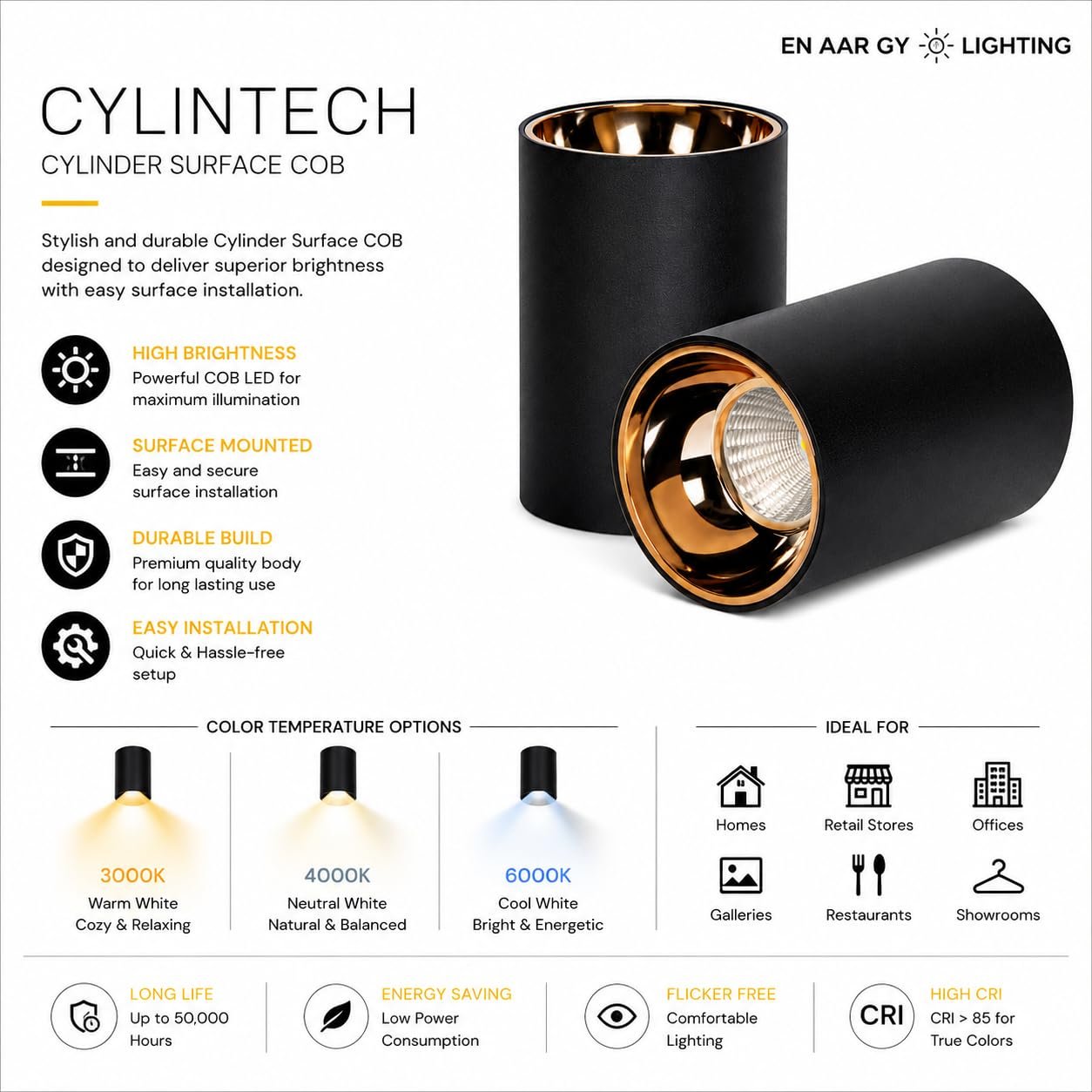 ENAARGY CYLINTECH Cylinder Surface COB LED Spotlight, Black, 3000K / 4000K / 5500K, Aluminium, Surface Mount, Modern Style (Black-RGR, NAUTAL White, 12, Watts) - Image 3