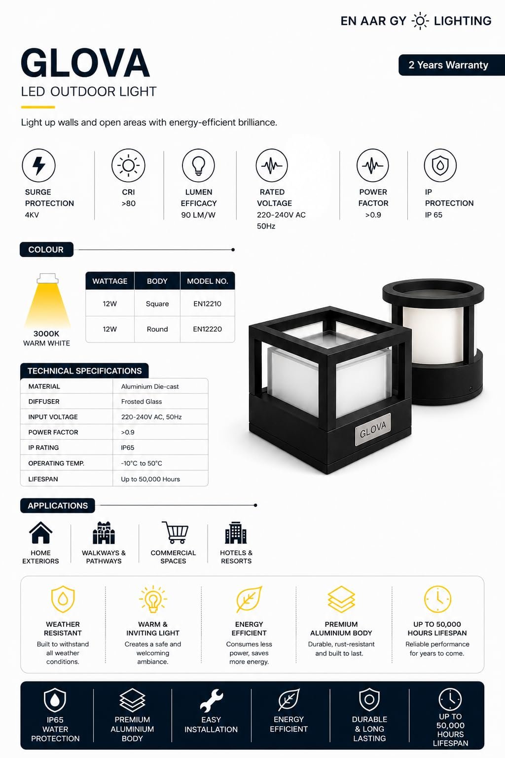 ENAARGY Glova LED Outdoor Light, Black, IP65, Triple-Frosted Tempered Glass (12, Watts, Square) - Image 2