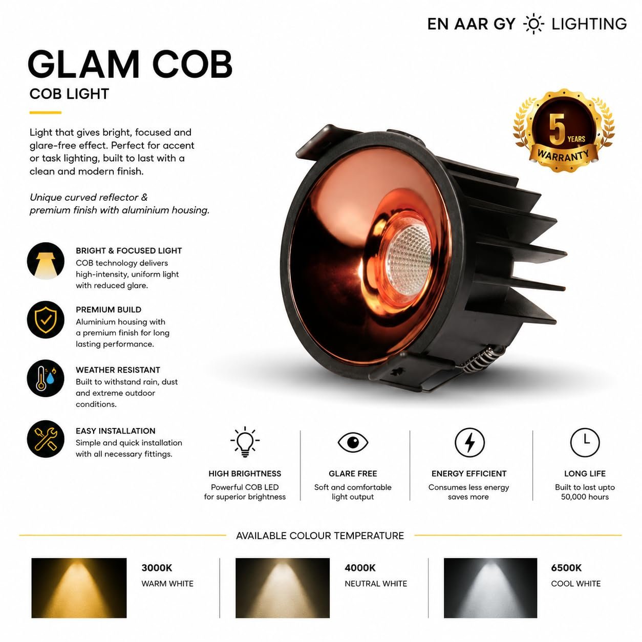 ENAARGY Glam COB Light, Aluminium Housing, Accent and Task Lighting, Glare-Free Effect, 3000K/4000K/5000K (BB, Warm White, 18.0, Watts) - Image 3