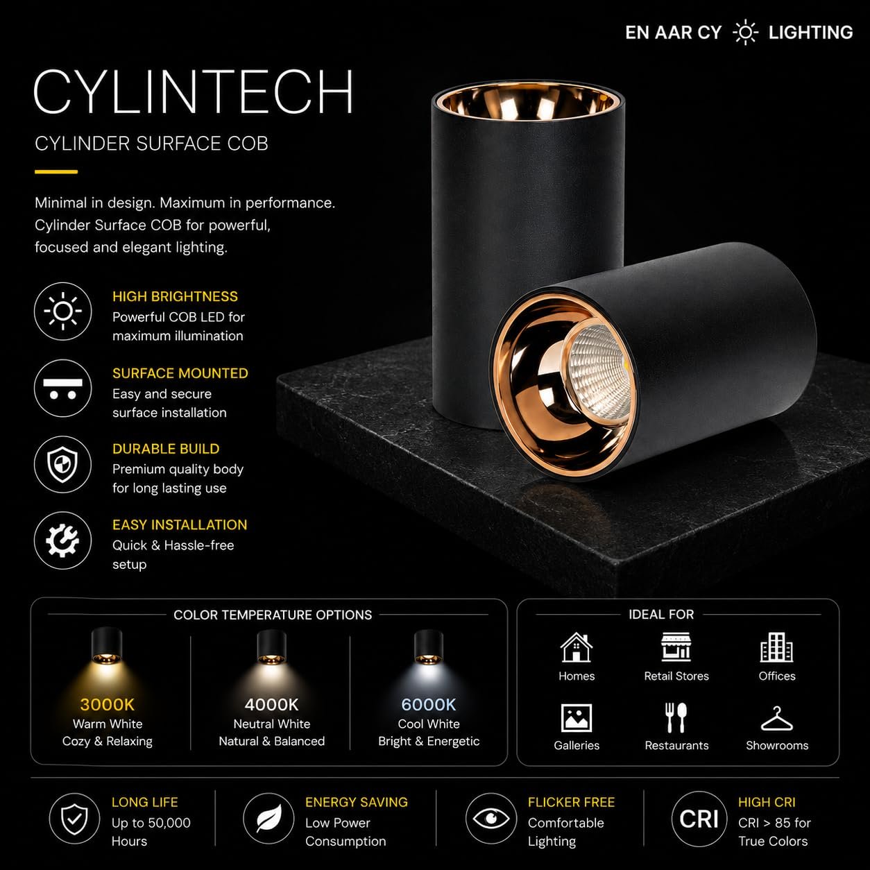 ENAARGY CYLINTECH Cylinder Surface COB LED Spotlight, Black, 3000K / 4000K / 5500K, Aluminium, Surface Mount, Modern Style (Black-RGR, NAUTAL White, 18, Watts) - Image 2