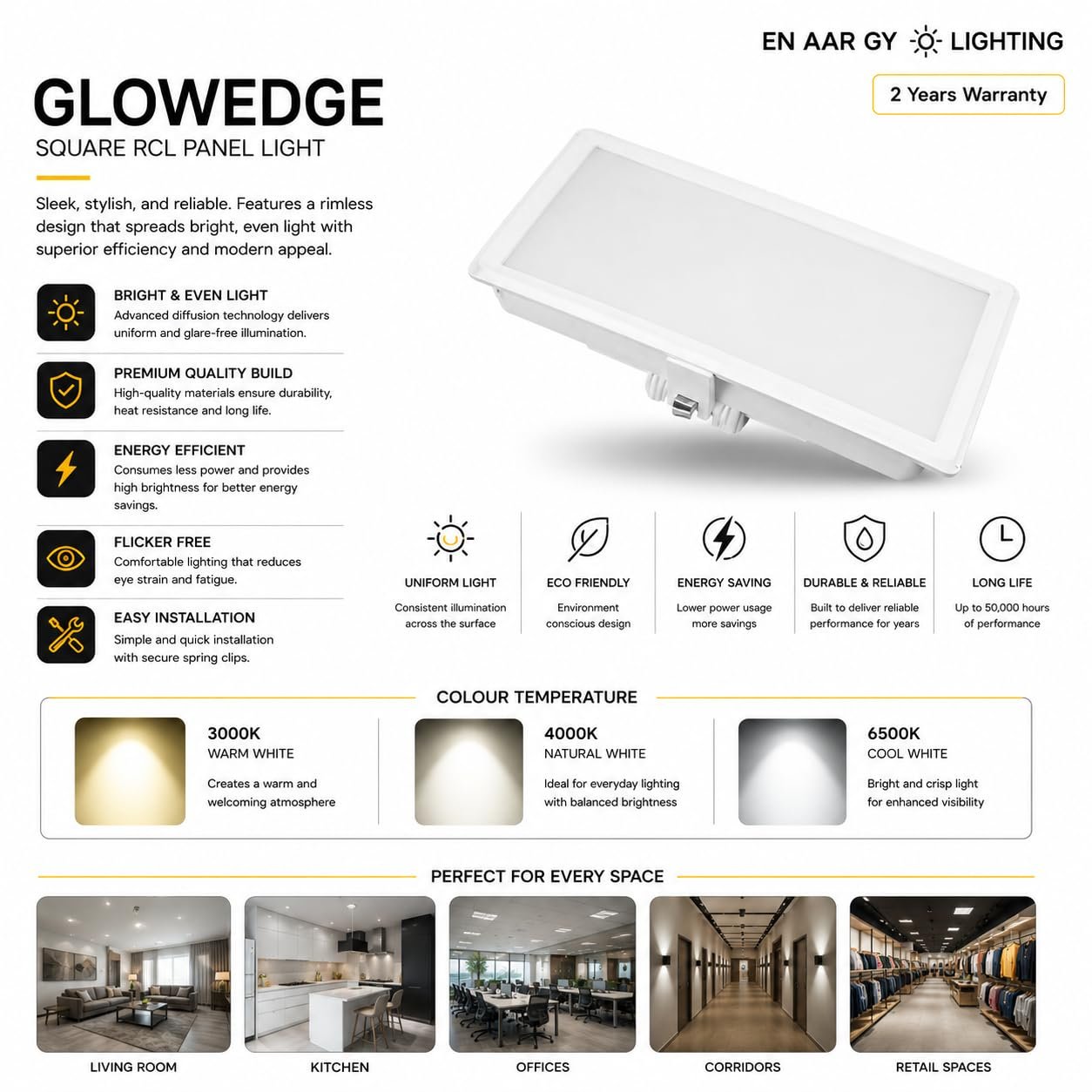 ENAARGY Glowedge LED Panel Light, Round and Square, Slim Design, Modern Appeal (Square, Cool White, 15, Watts) - Image 2