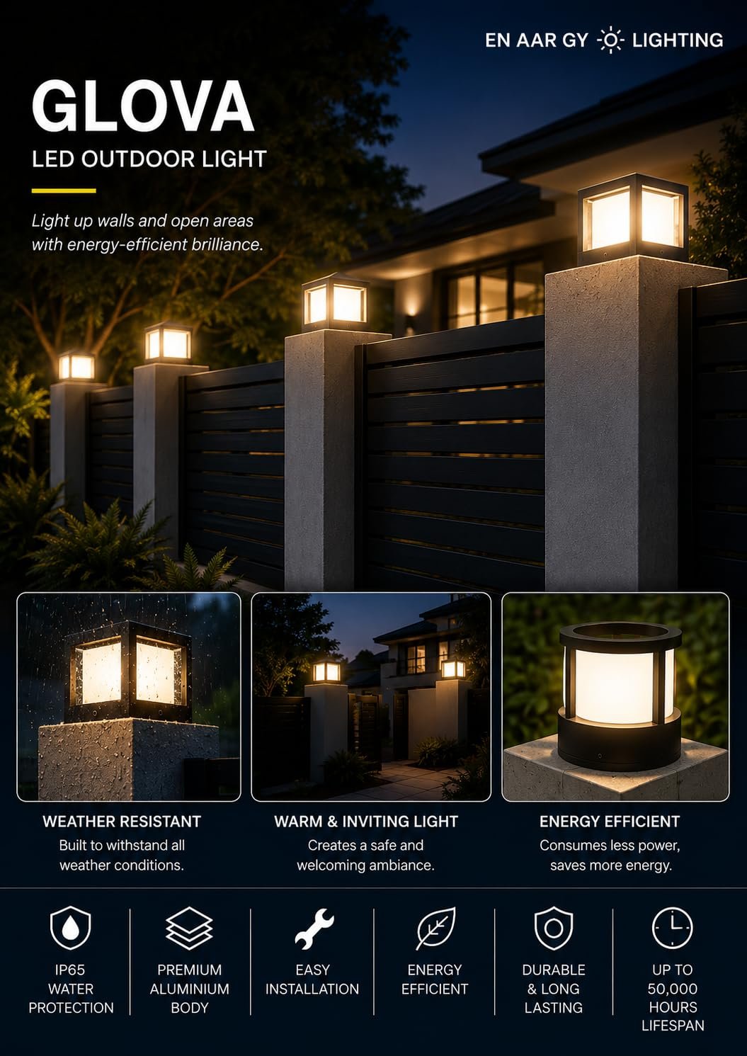 ENAARGY Glova LED Outdoor Light, Black, IP65, Triple-Frosted Tempered Glass (12, Watts, Square) - Image 4