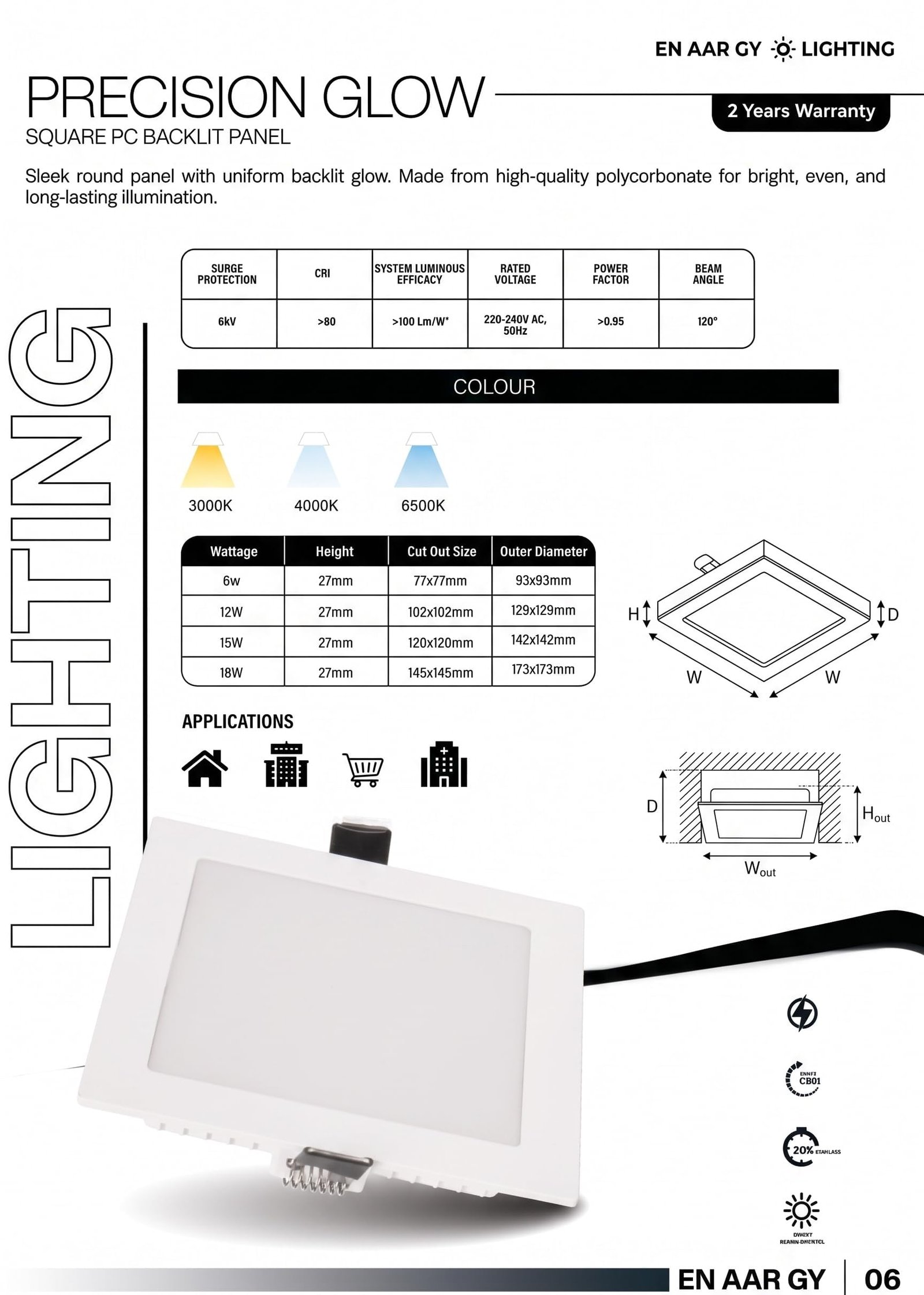 ENAARGY Precision Glow Round and Square PC Backlit LED Panel Light, 6W-18W, 3000K/4000K/6500K, Recessed, 120° Beam Angle (Square, Cool White, 12, Watts) - Image 4